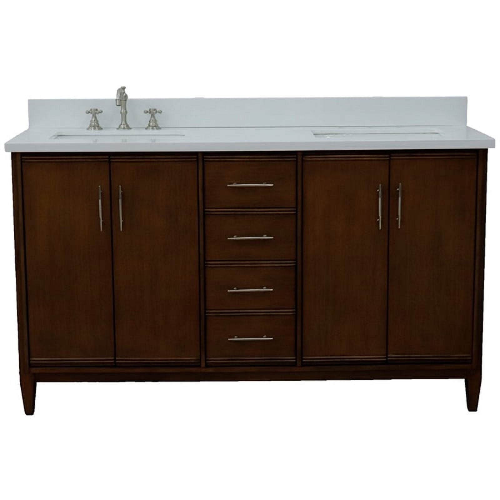 61 in. Double Rectangle Sink Vanity with Quartz Top, Walnut & White