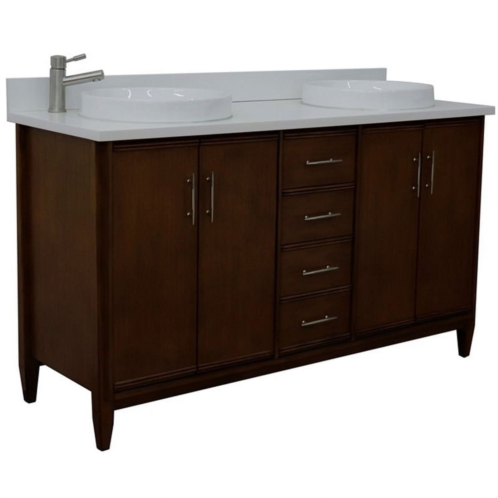 61 in. Double Round Sink Vanity with Quartz Top, Walnut & White