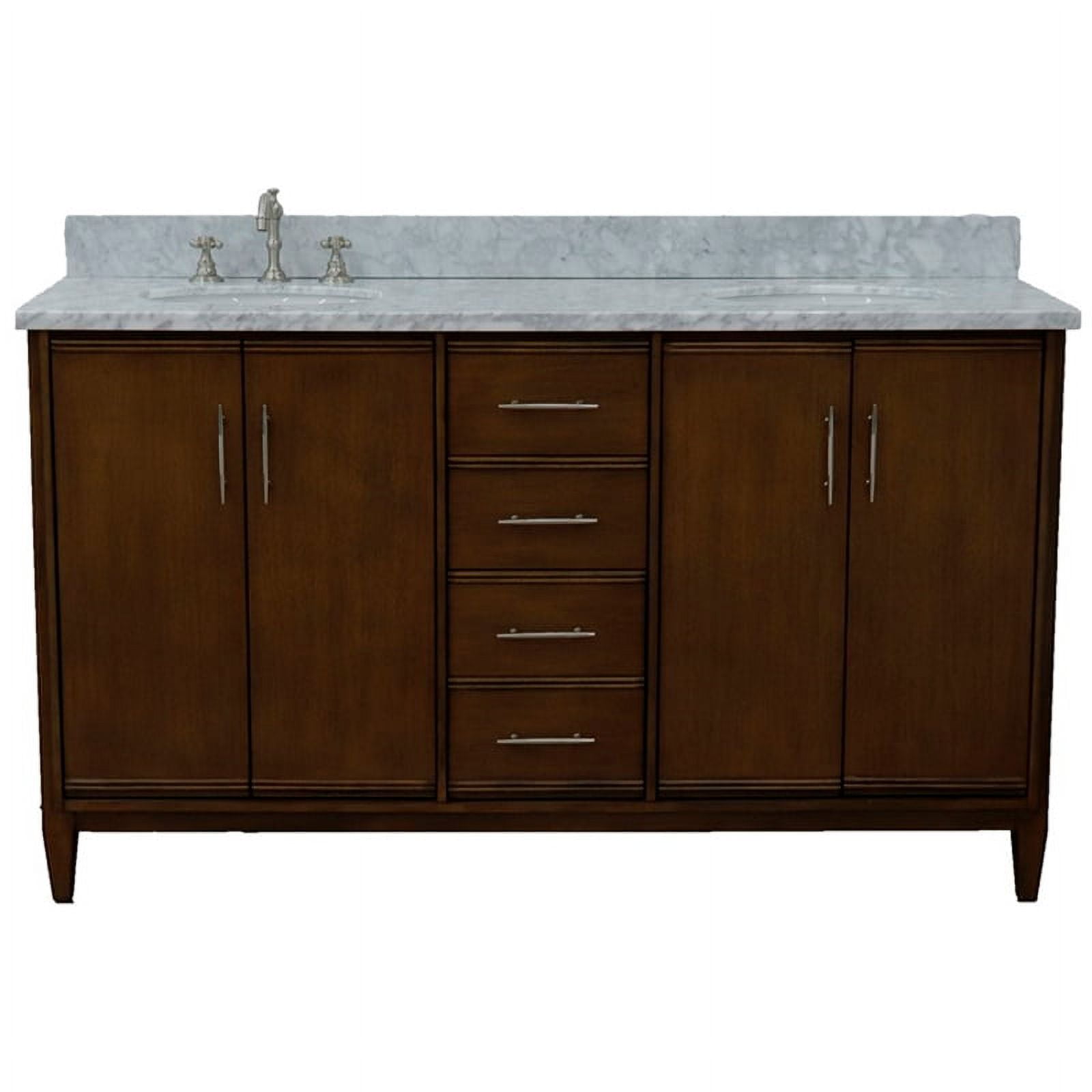 61 in. Double Oval Sink Vanity with Carrara Marble Top, Walnut & White