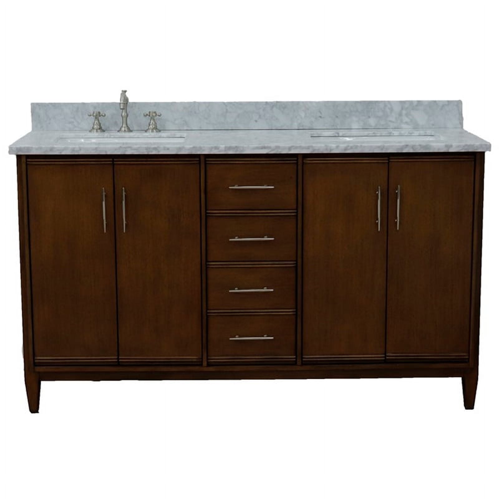 61 in. Double Rectangle Sink Vanity with Carrara Marble Top, Walnut & White