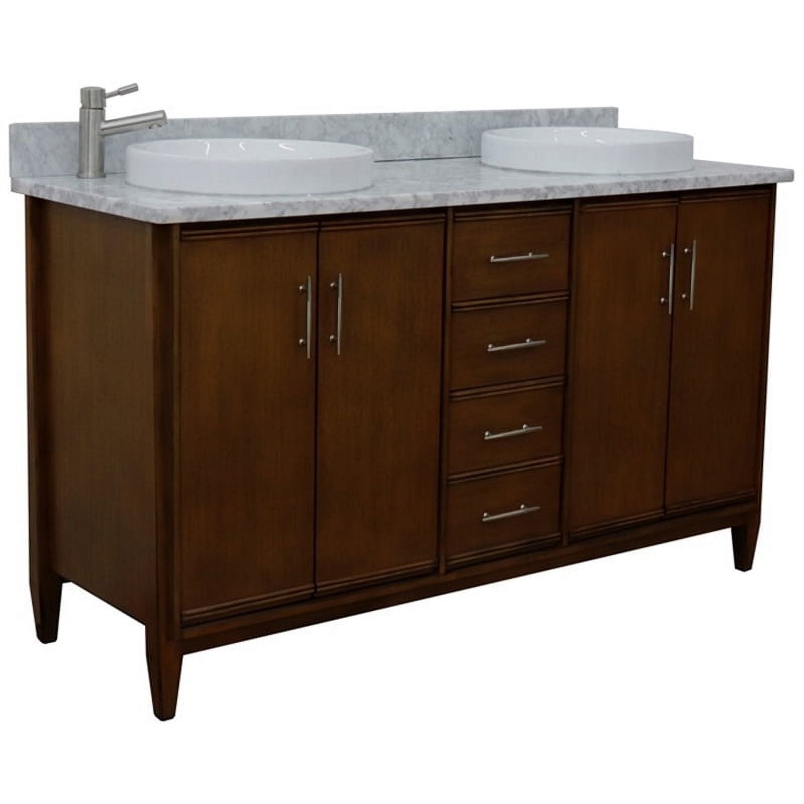 61 in. Double Round Sink Vanity with Carrara Marble Top, Walnut & White