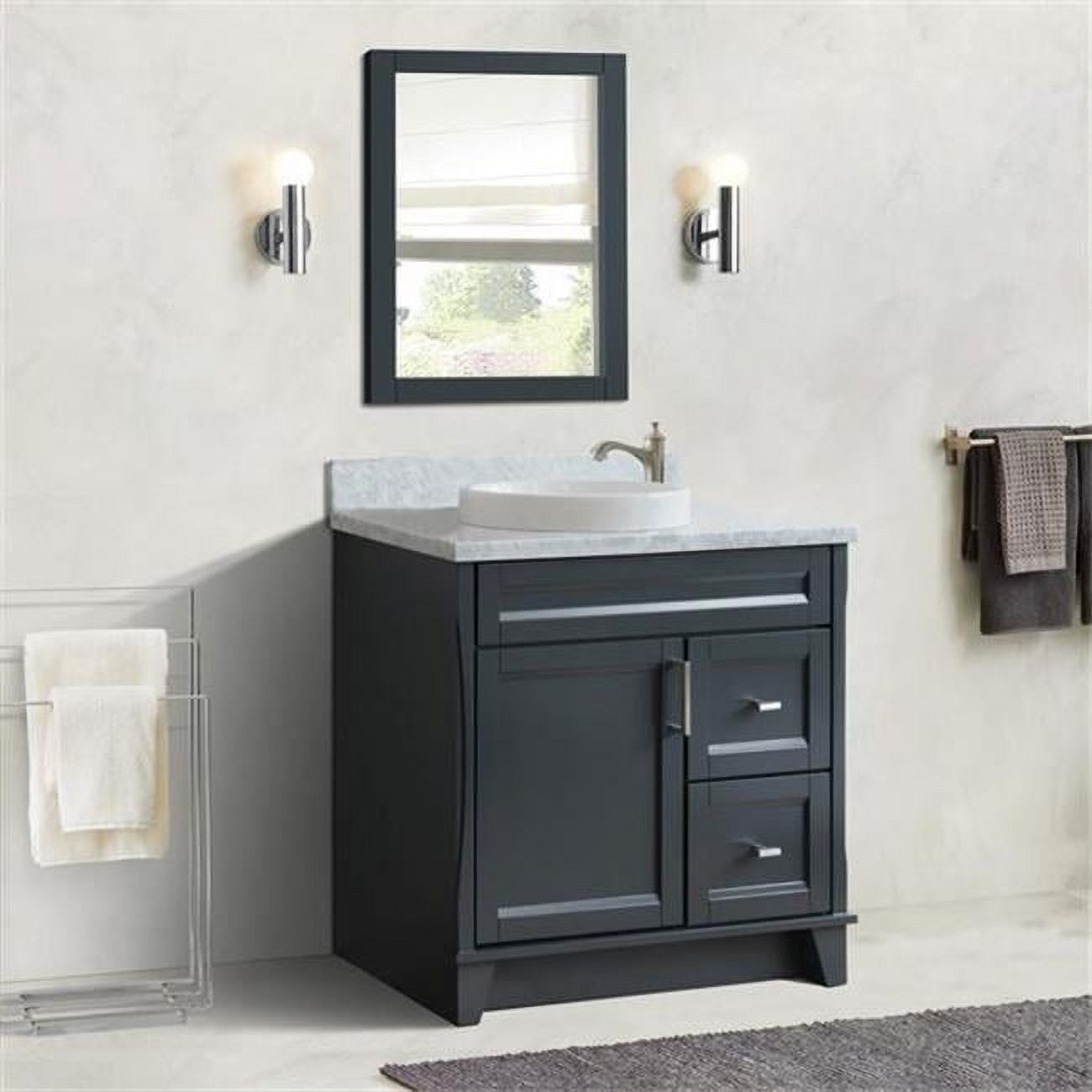 37 in. Single Sink Vanity with Carrara Marble Top, Dark Gray & White - Left Door & Round Center Sink