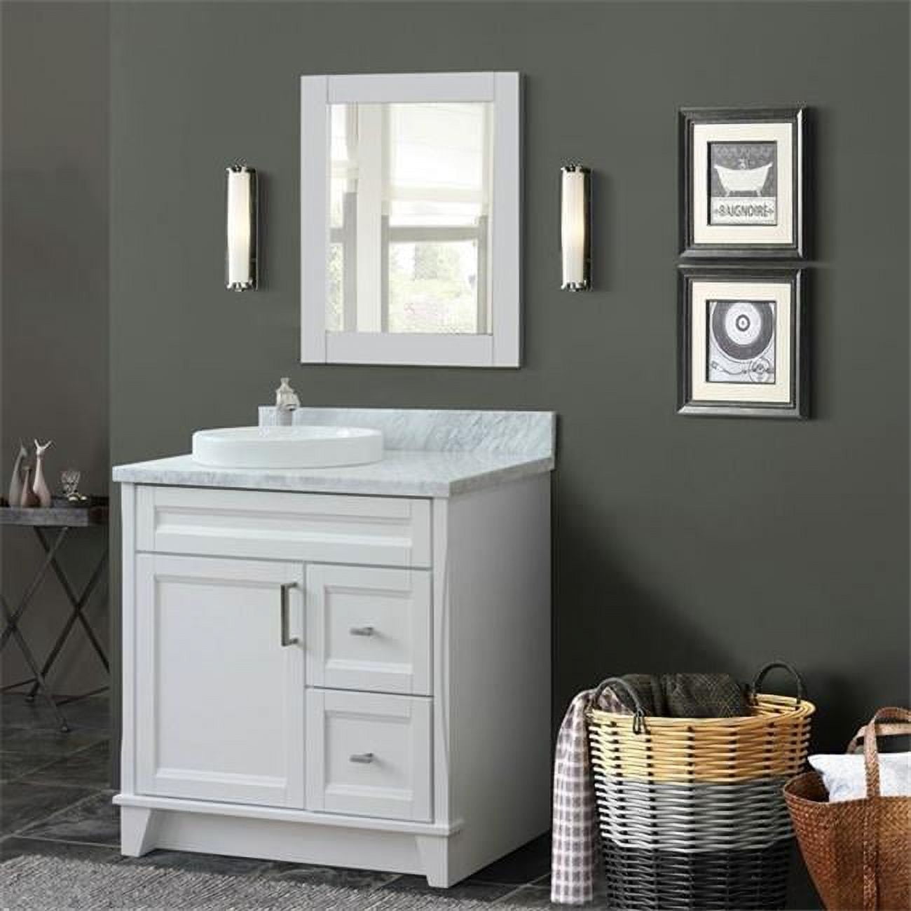 37 in. Single Sink Vanity with Carrara Marble Top, White - Left Door & Round Left Sink