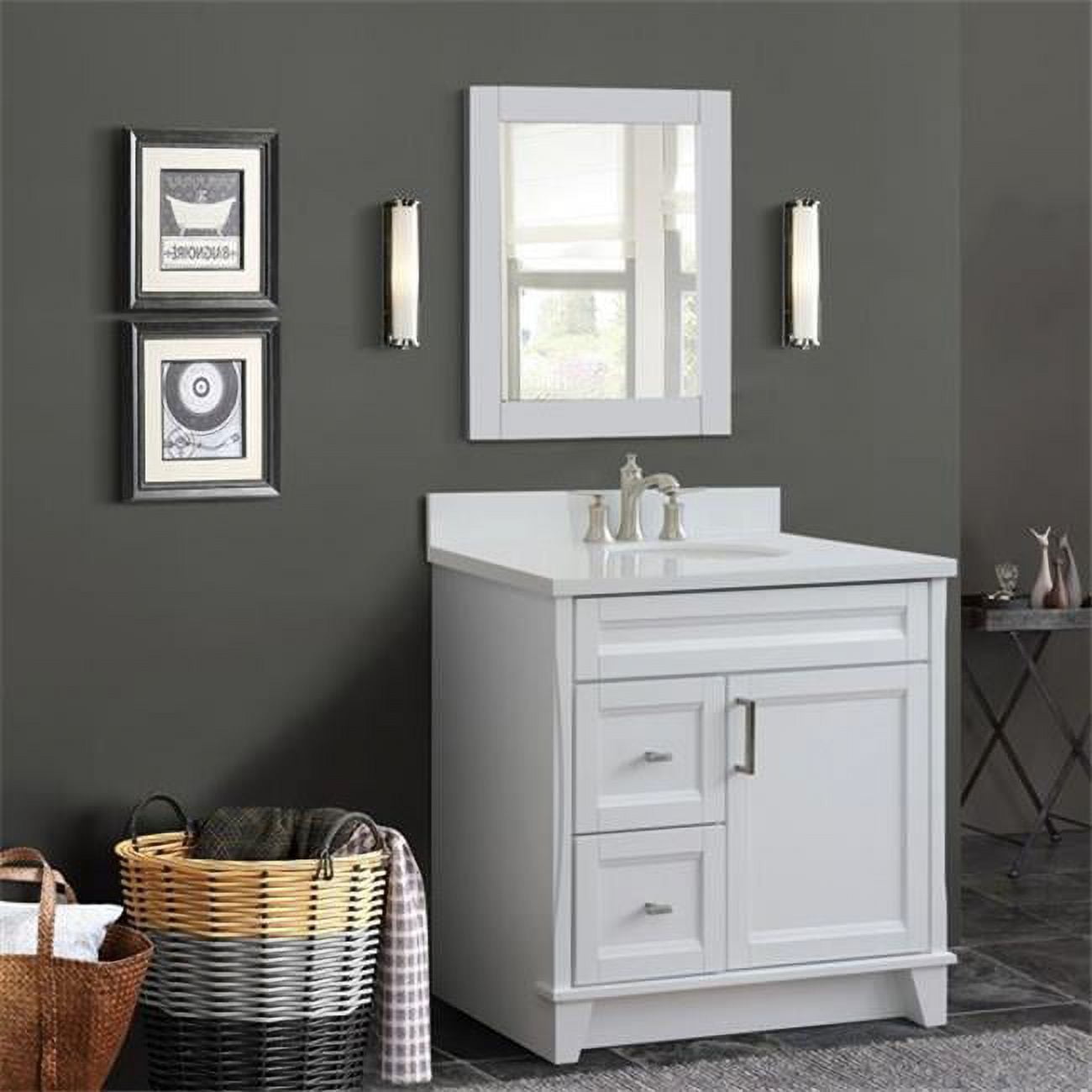 Bellaterra Home 400700-37R-WH-WEOC 37 in. Single Sink Vanity with Quartz Top, White - Center Oval Sink & Right Drawers -  Bellaterra Home LLc