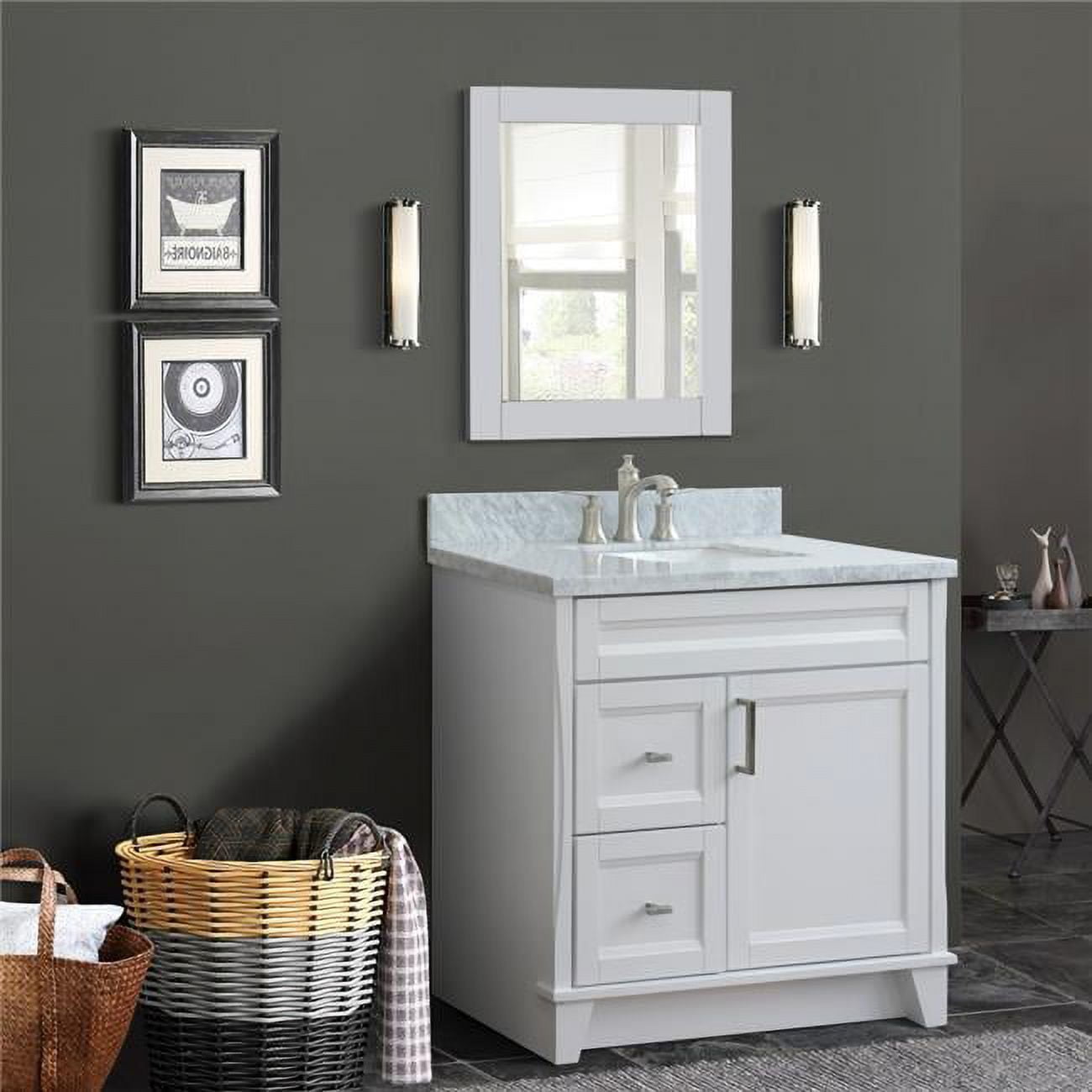 Bellaterra Home 400700-37R-WH-WMRC 37 in. Single Sink Vanity with Carrara Marble & Center Rectangle Sink, White - Right Drawers -  Bellaterra Home LLc