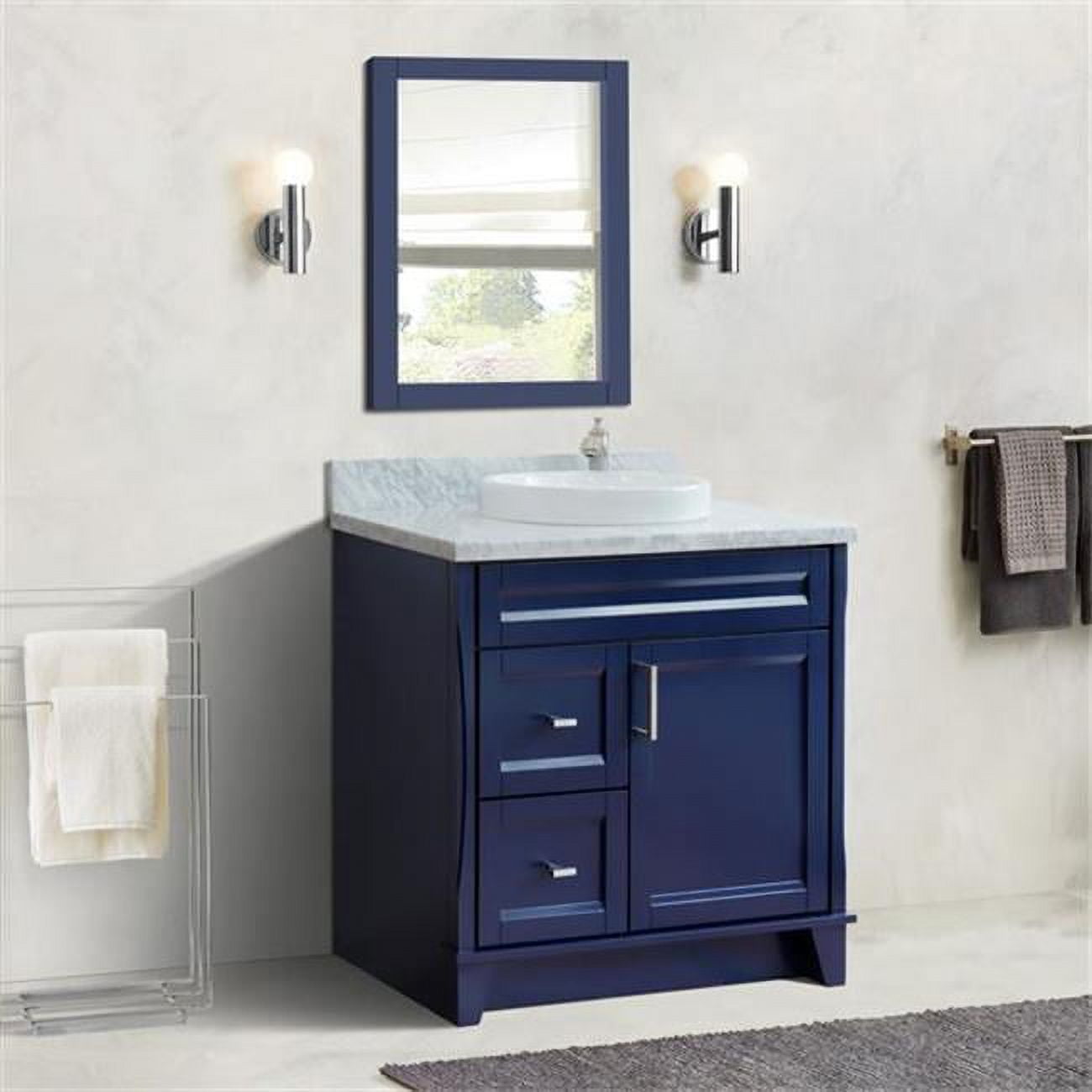 37 in. Single Sink Vanity with Carrara Marble Top, Blue & White - Center Round Sink & Right Drawers