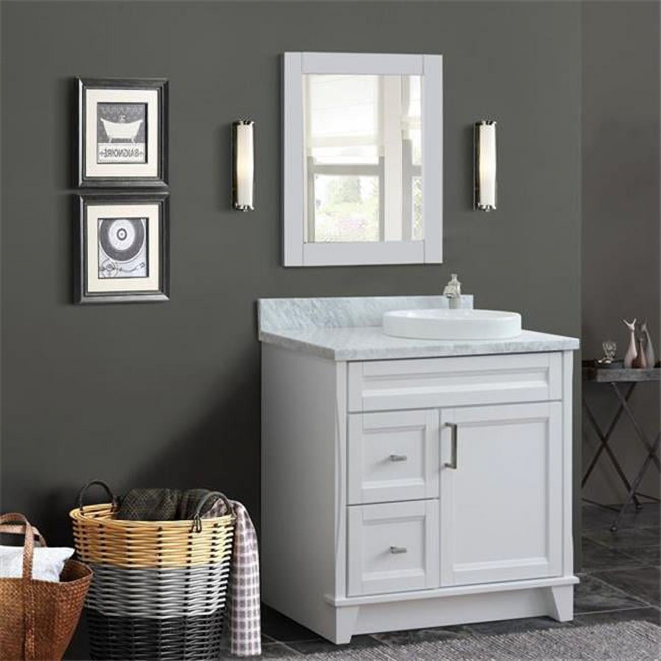 Bellaterra Home 400700-37R-WH-WMRDR 37 in. Single Sink Vanity with Carrara Marble Top, White - Left Round Sink & Right Drawers -  Bellaterra Home LLc