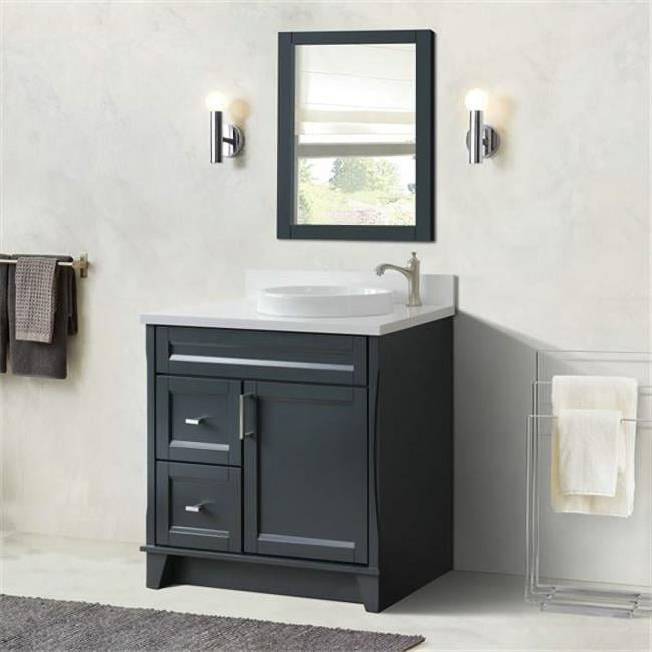 37 in. Single Sink Vanity with Quartz Top, Dark Gray & White - Left Round Sink & Right Drawers