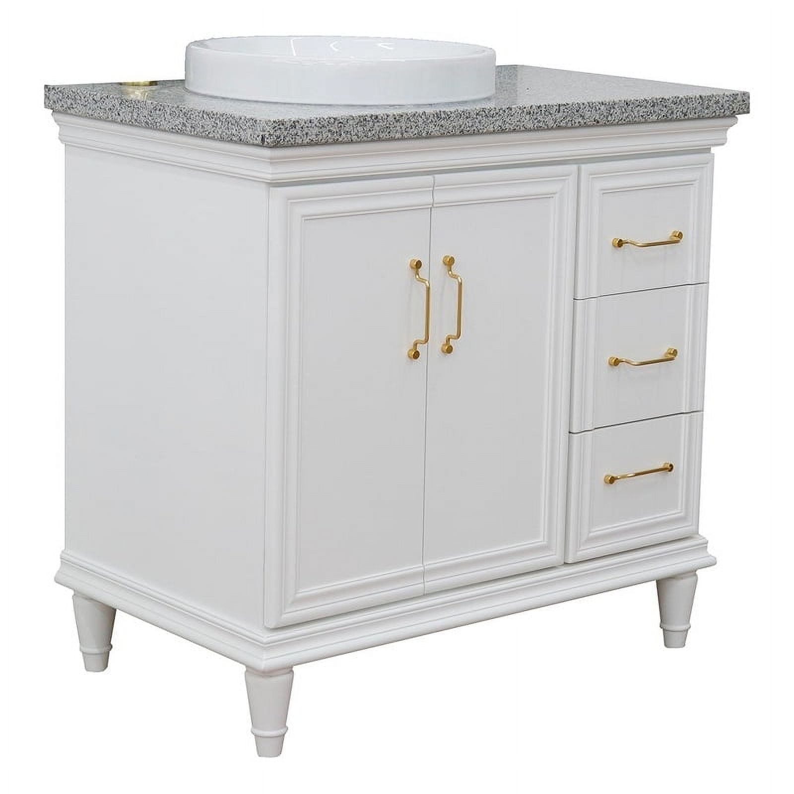 37 in. Single Round Sink Vanity with Granite Top, White & Gray - Left Door & Sink