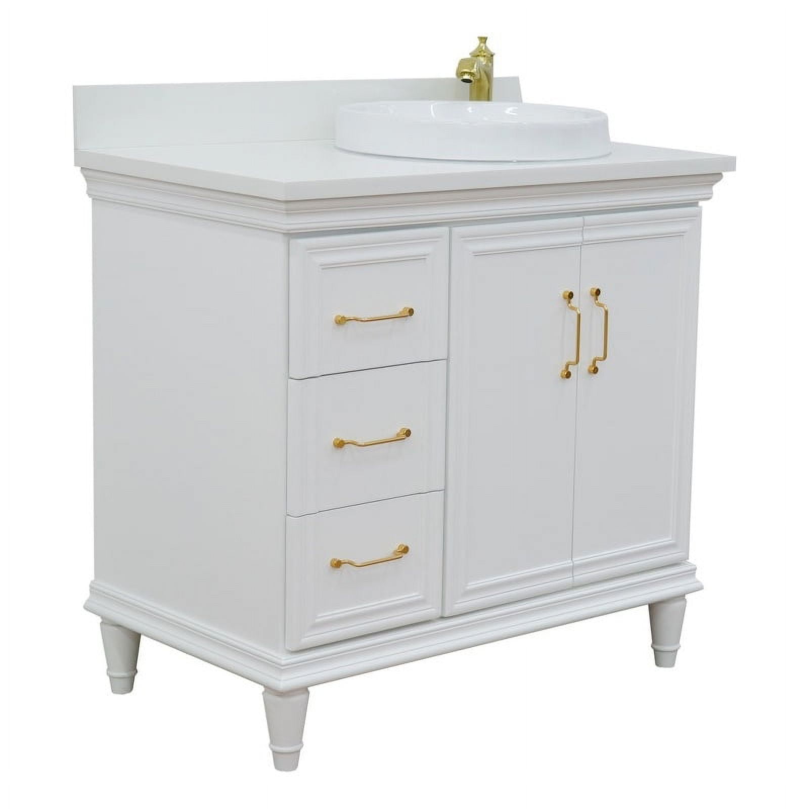 37 in. Single Round Sink Vanity with Quartz Top, White - Right Door & Sink