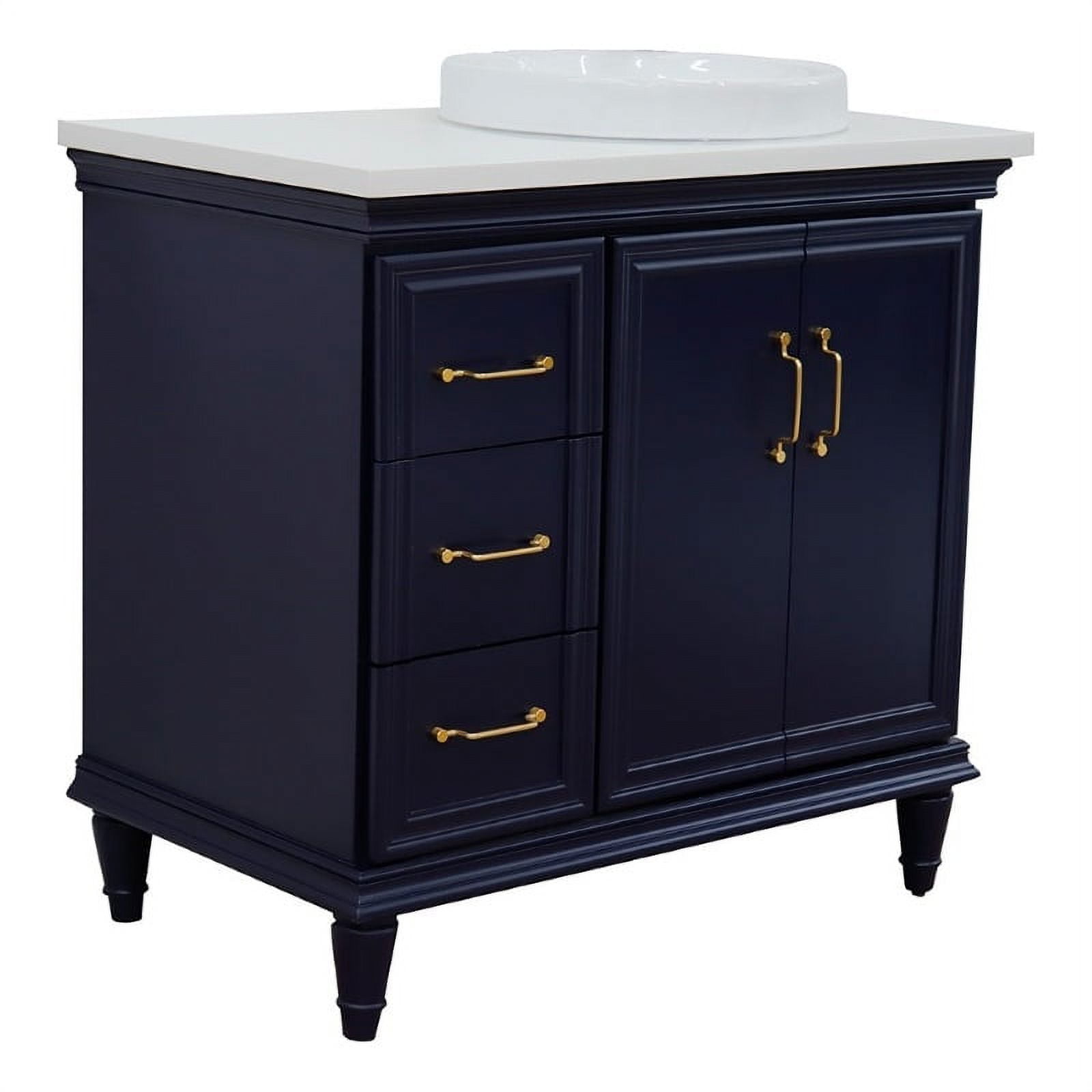 37 in. Single Round Sink Vanity with Quartz Top, Blue & White - Right Door & Sink
