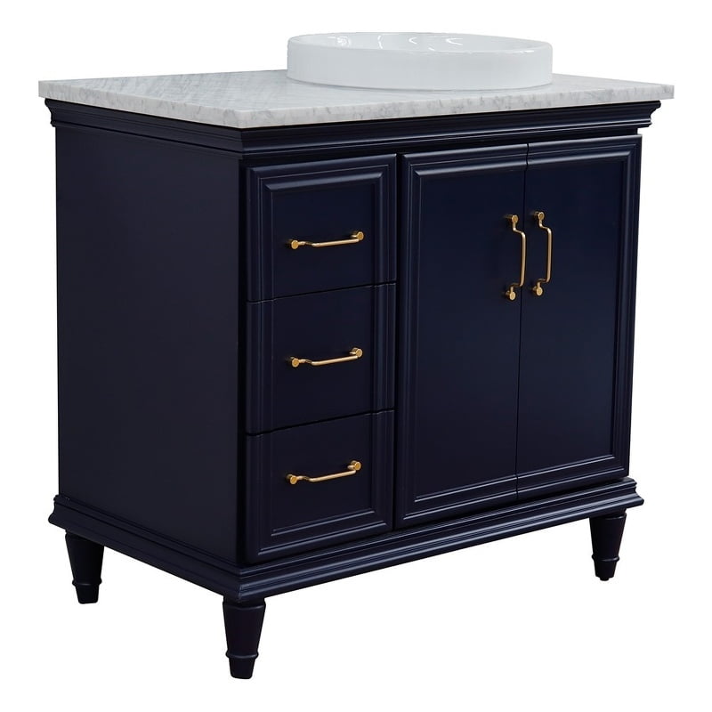 37 in. Single Round Sink Vanity with Carrara Marble Top, Blue & White - Right Door & Sink