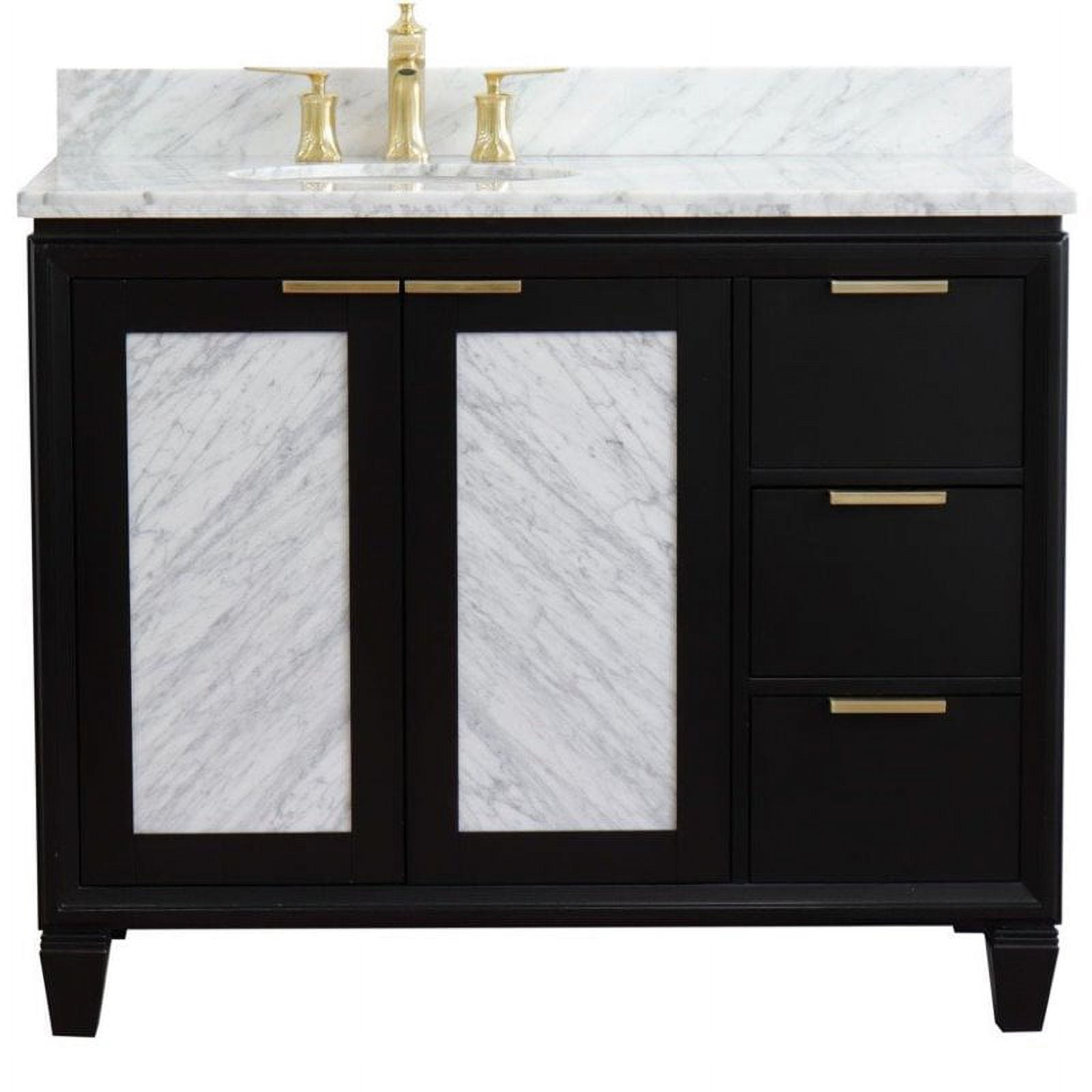 43 in. Single Oval Sink Vanity with Carrara Marble Top, Black & White - Left Door & Sink