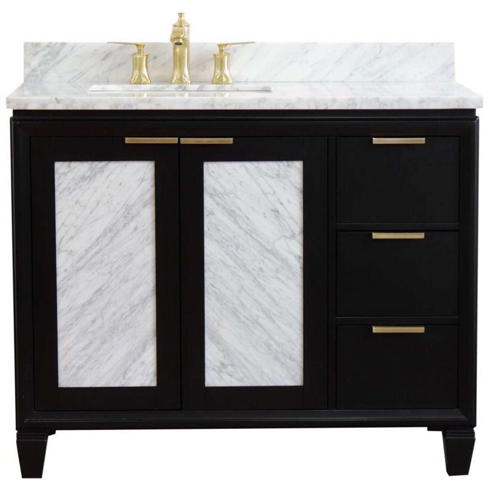 43 in. Single Rectangle Sink Vanity with Carrara Marble Top, Black & White - Left Door & Sink