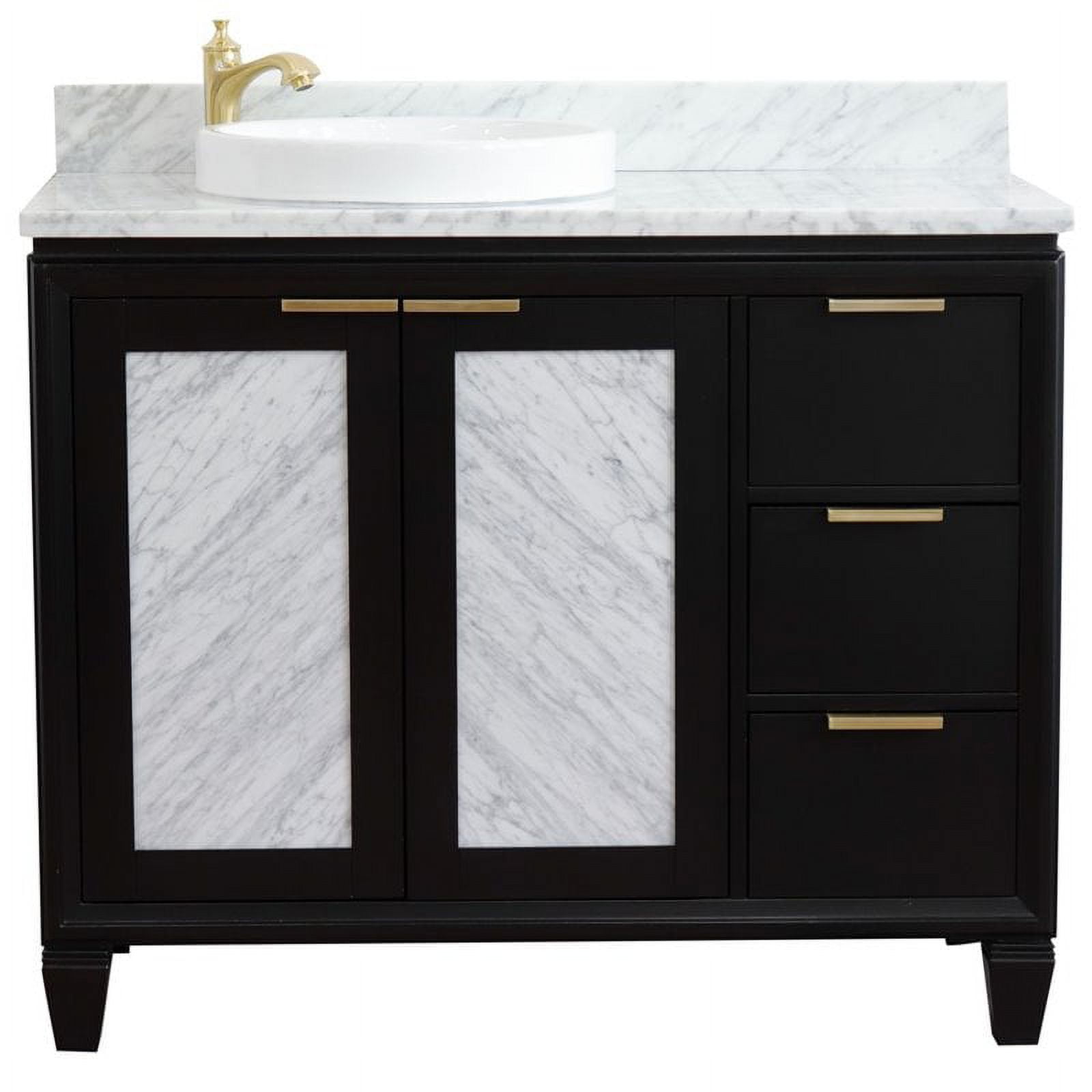 43 in. Single Round Sink Vanity with Carrara Marble Top, Black & White - Left Door & Sink
