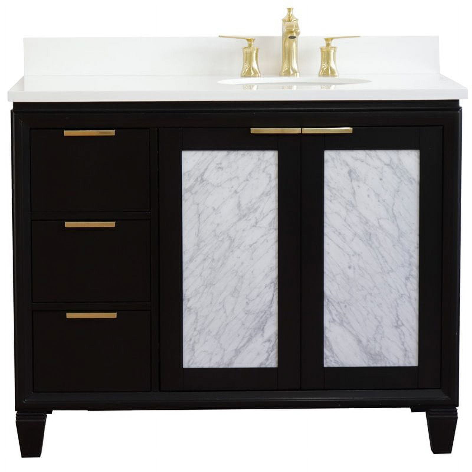 43 in. Single Oval Sink Vanity with Quartz Top, Black & White - Right Door & Sink