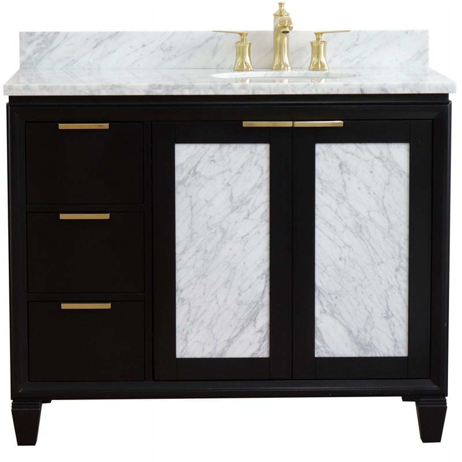 43 in. Single Oval Sink Vanity with Carrara Marble Top, Black & White - Right Door & Sink