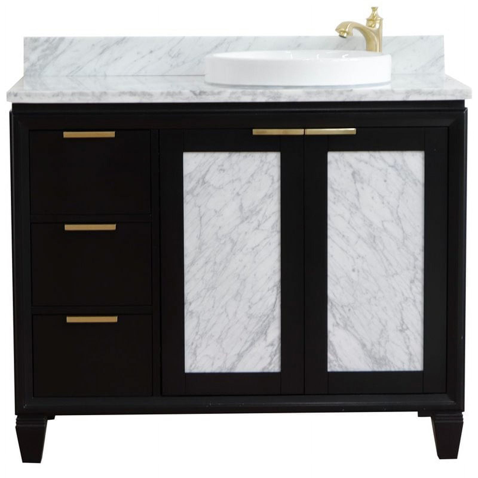 43 in. Single Round Sink Vanity with Carrara Marble Top, Black & White - Right Door & Sink