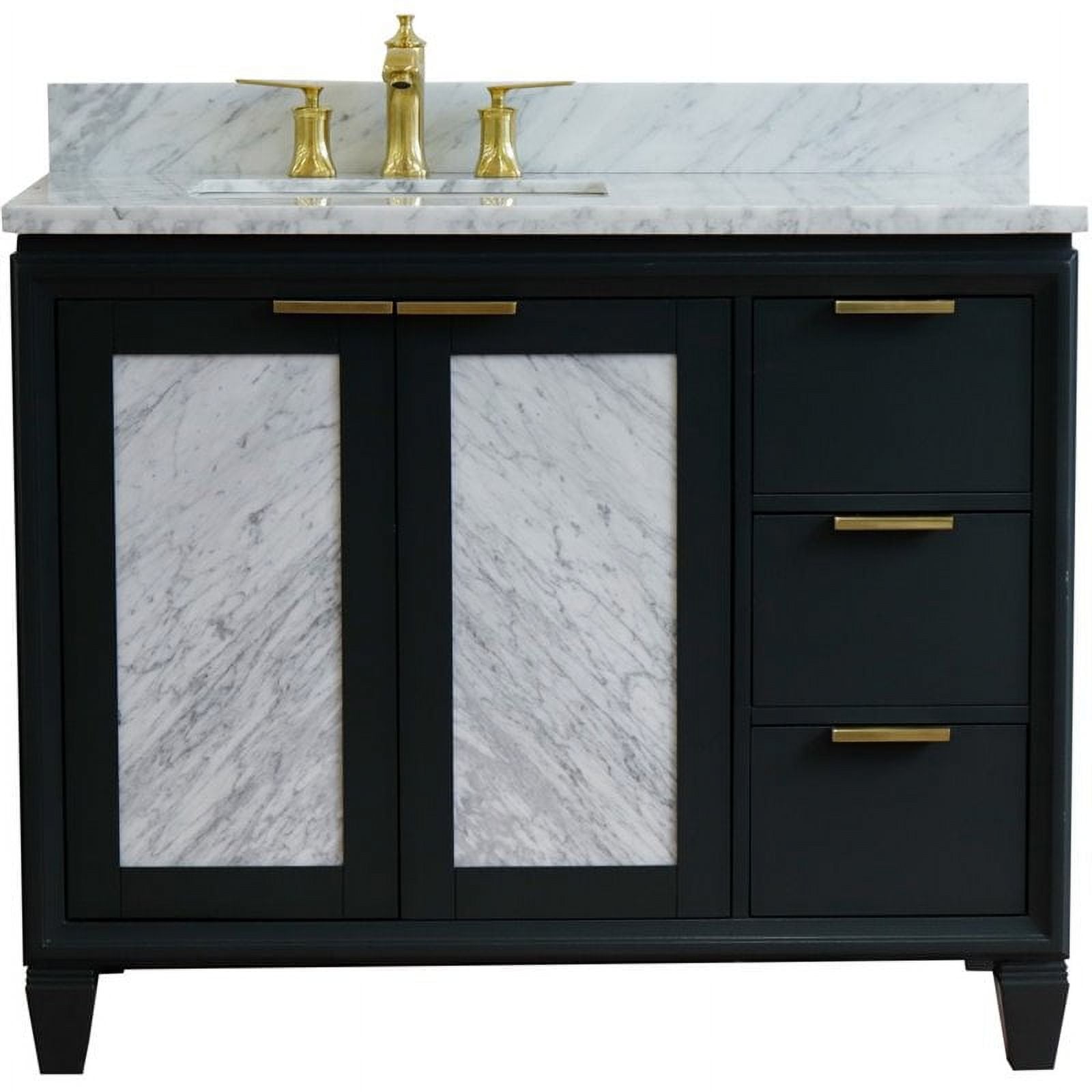 43 in. Single Rectangle Sink Vanity with Carrara Marble Top, Dark Gray & White - Left Door & Sink