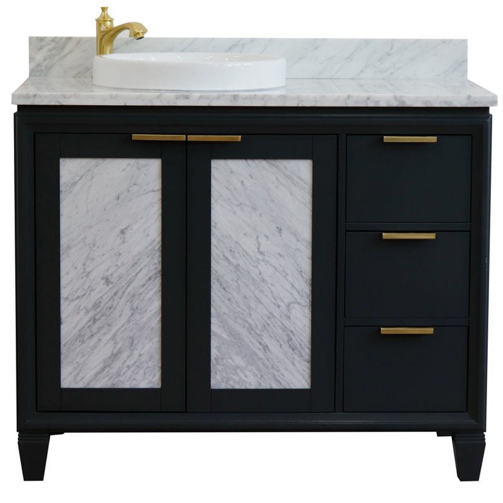 43 in. Single Round Sink Vanity with Carrara Marble Top, Dark Gray & White - Left Door & Sink