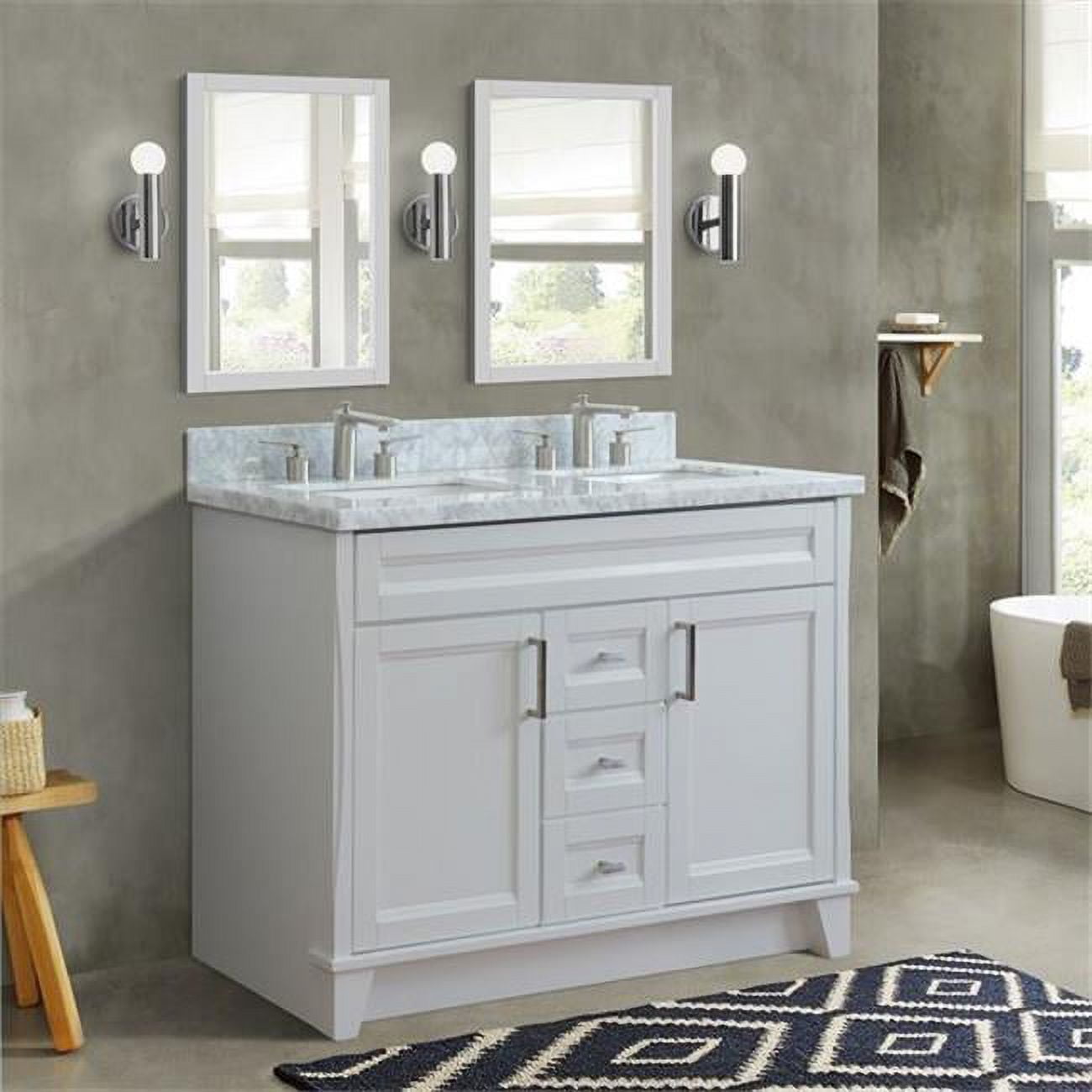 Double Rectangle Sink Vanity - White - 48 in. - Carrara Marble Top