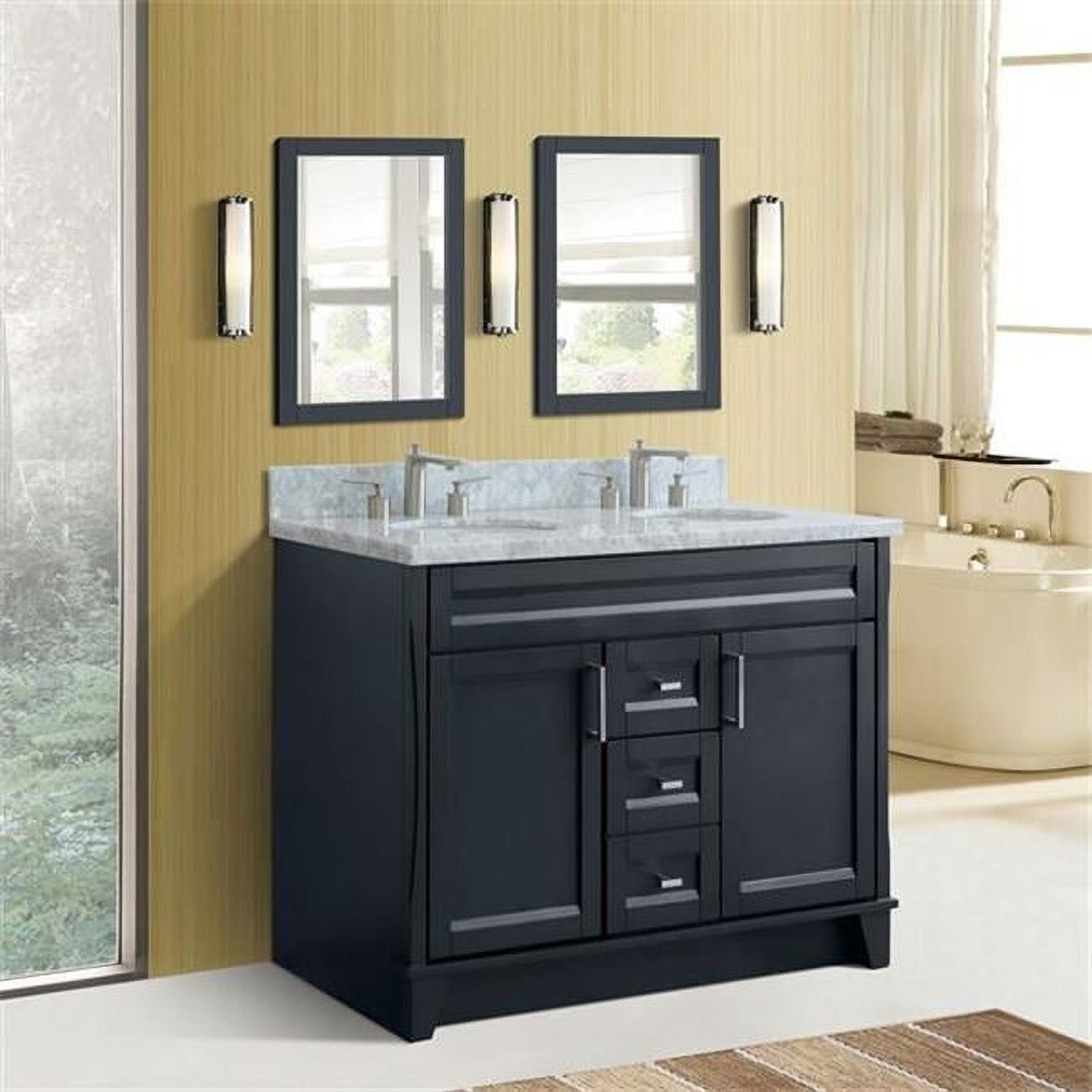 48 in. Double Oval Sink Vanity with Carrara Marble Top, Dark Gray & White