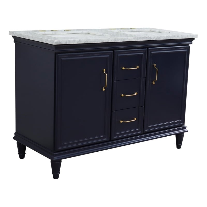 Double Rectangle Sink Vanity - Blue & White - 49 in. - Carrara Marble Top
