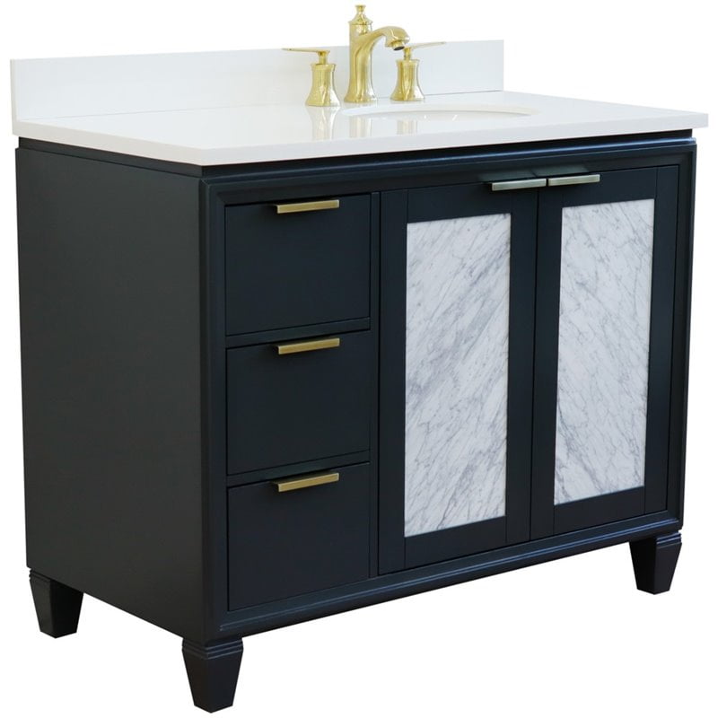 43 in. Single Oval Sink Vanity with Quartz Top, Dark Gray & White - Right Door & Sink