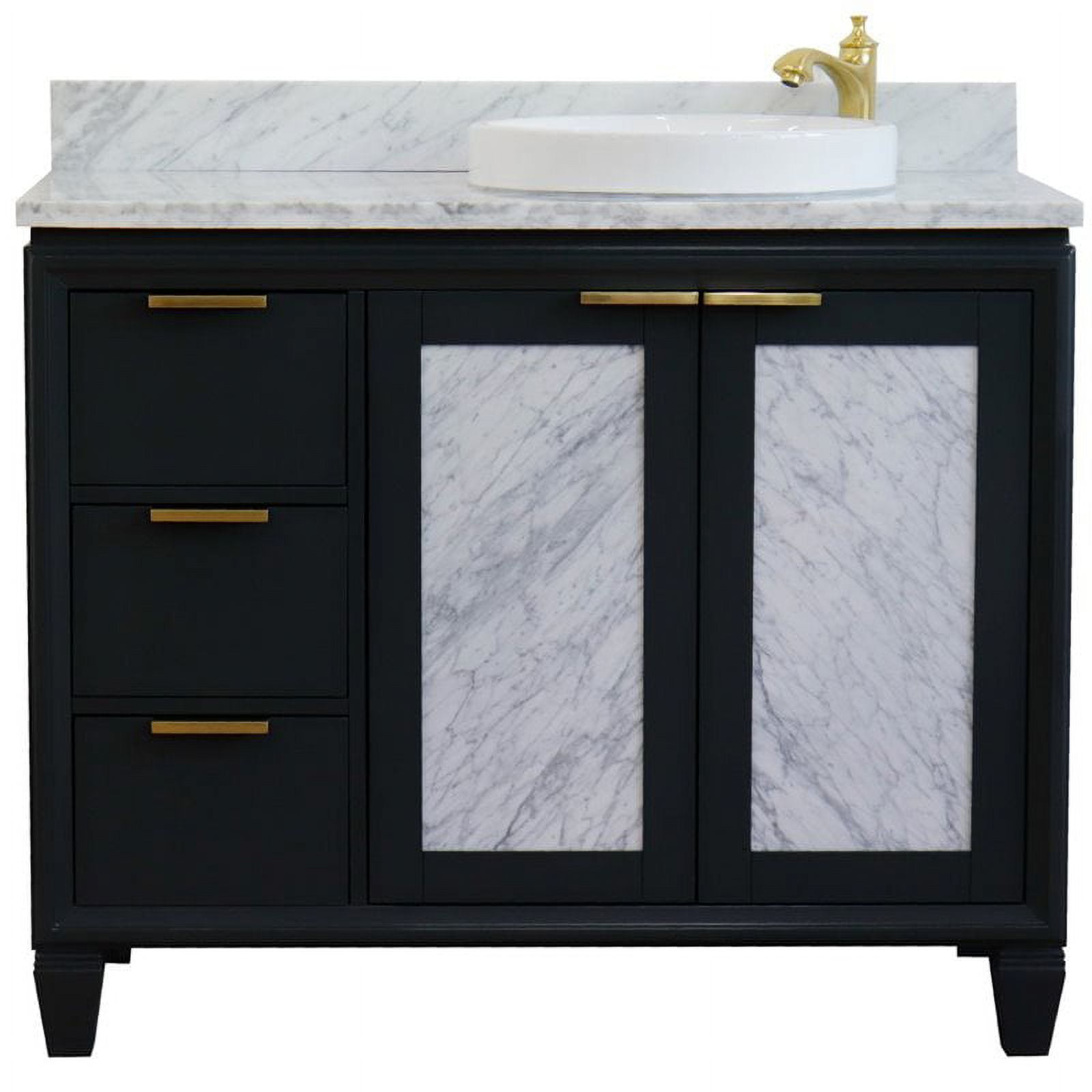 43 in. Single Round Sink Vanity with Carrara Marble Top, Dark Gray & White - Right Door & Sink