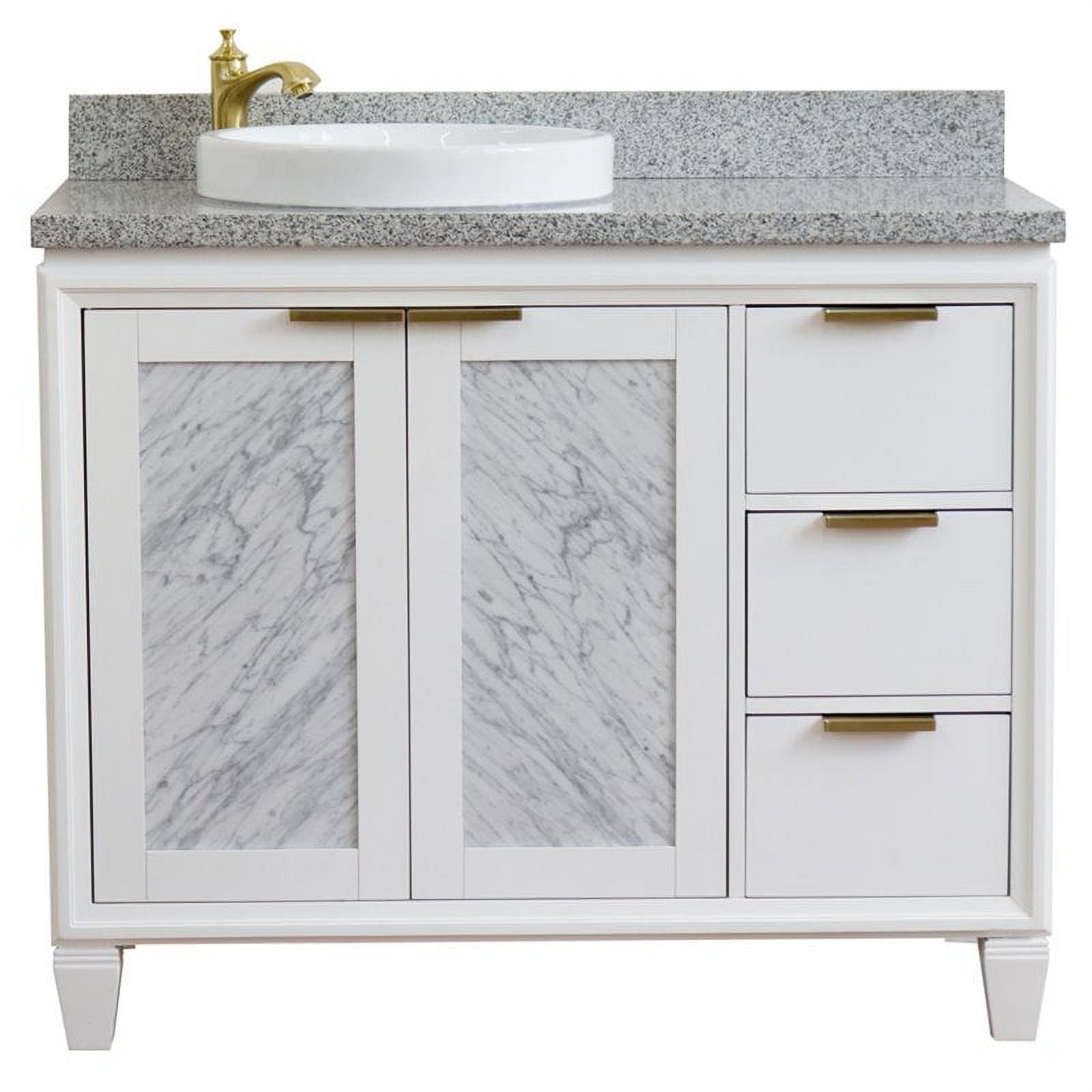 43 in. Single Round Sink Vanity with Granite Top, White & Gray - Left Door & Sink