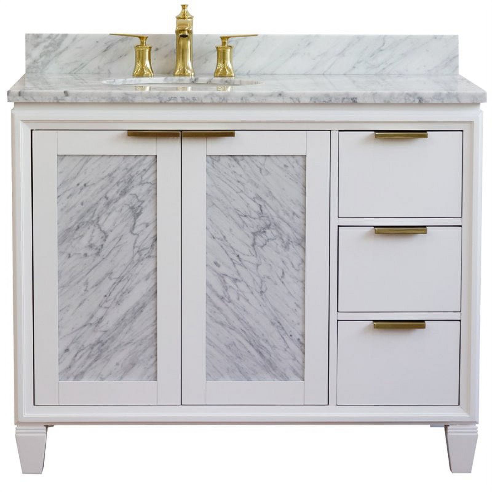 43 in. Single Oval Sink Vanity with Carrara Marble Top, White - Left Door & Sink