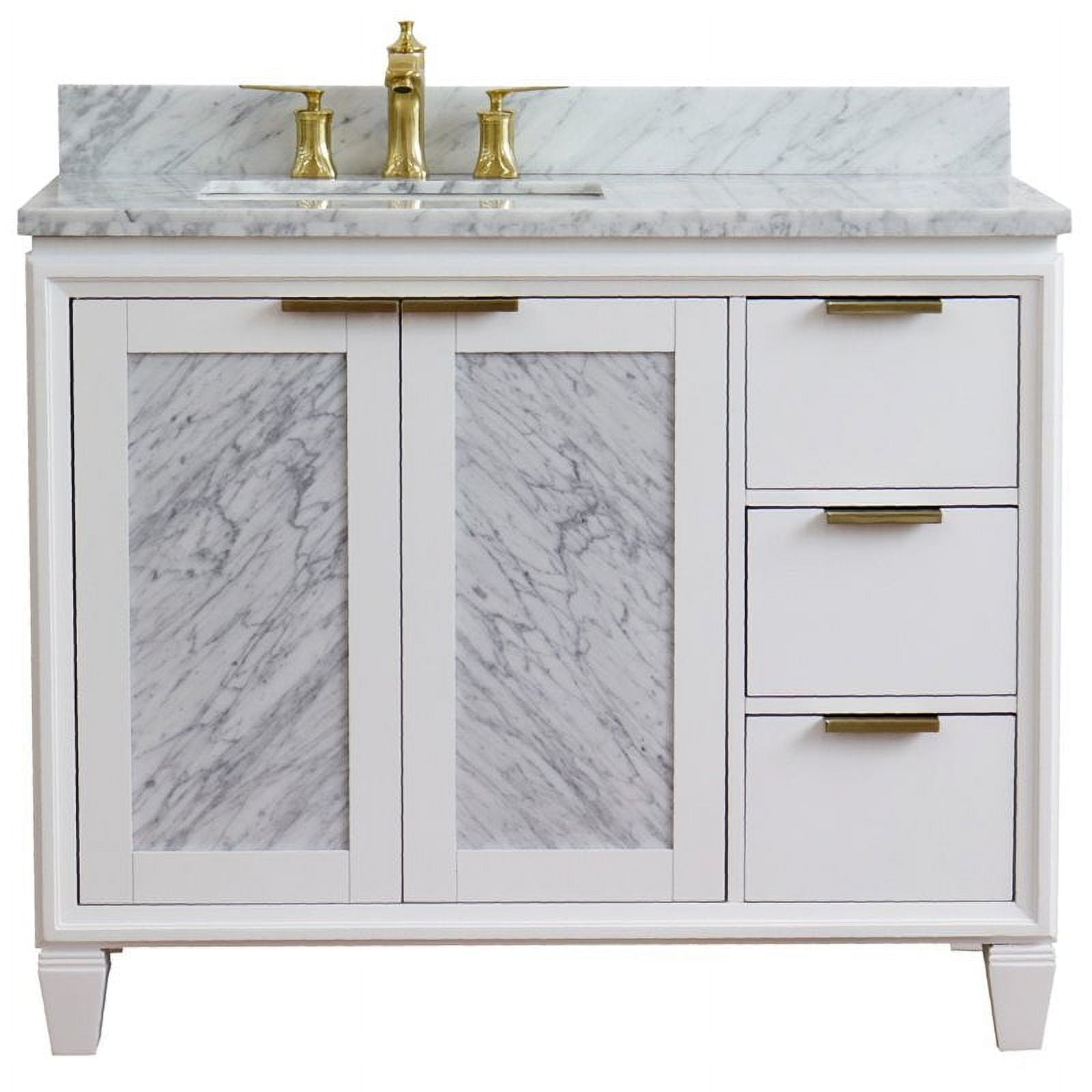 43 in. Single Rectangle Sink Vanity with Carrara Marble Top, White - Left Door & Sink