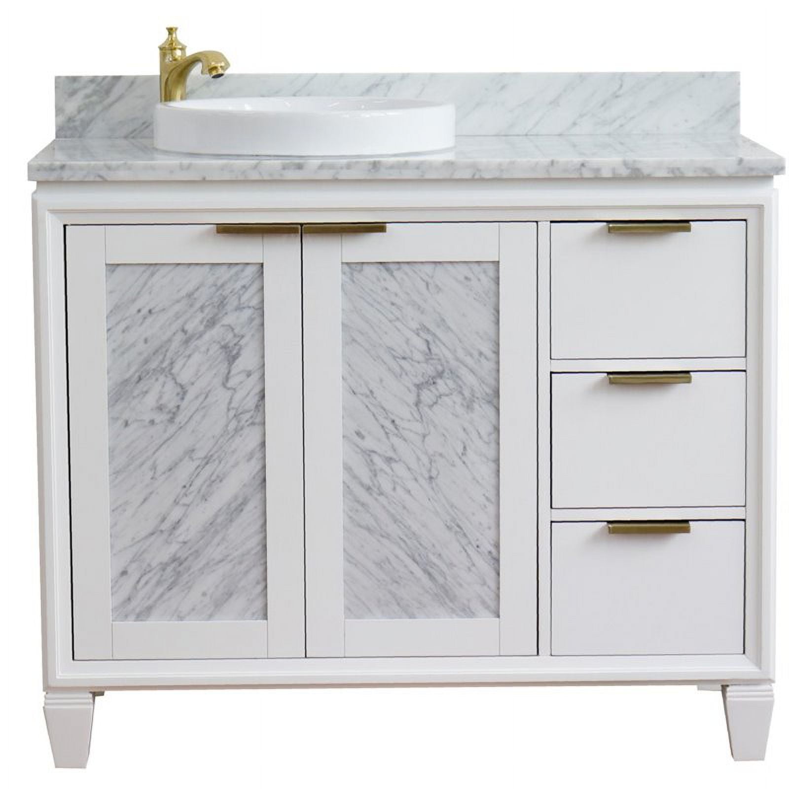 43 in. Single Round Sink Vanity with Carrara Marble Top, White - Left Door & Sink