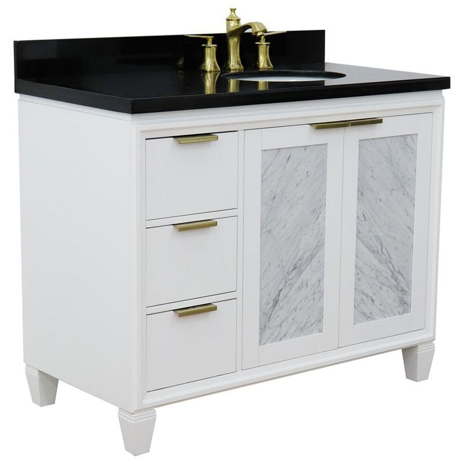43 in. Single Oval Sink Vanity with Galaxy Granite Top, White & Black - Right Door & Sink