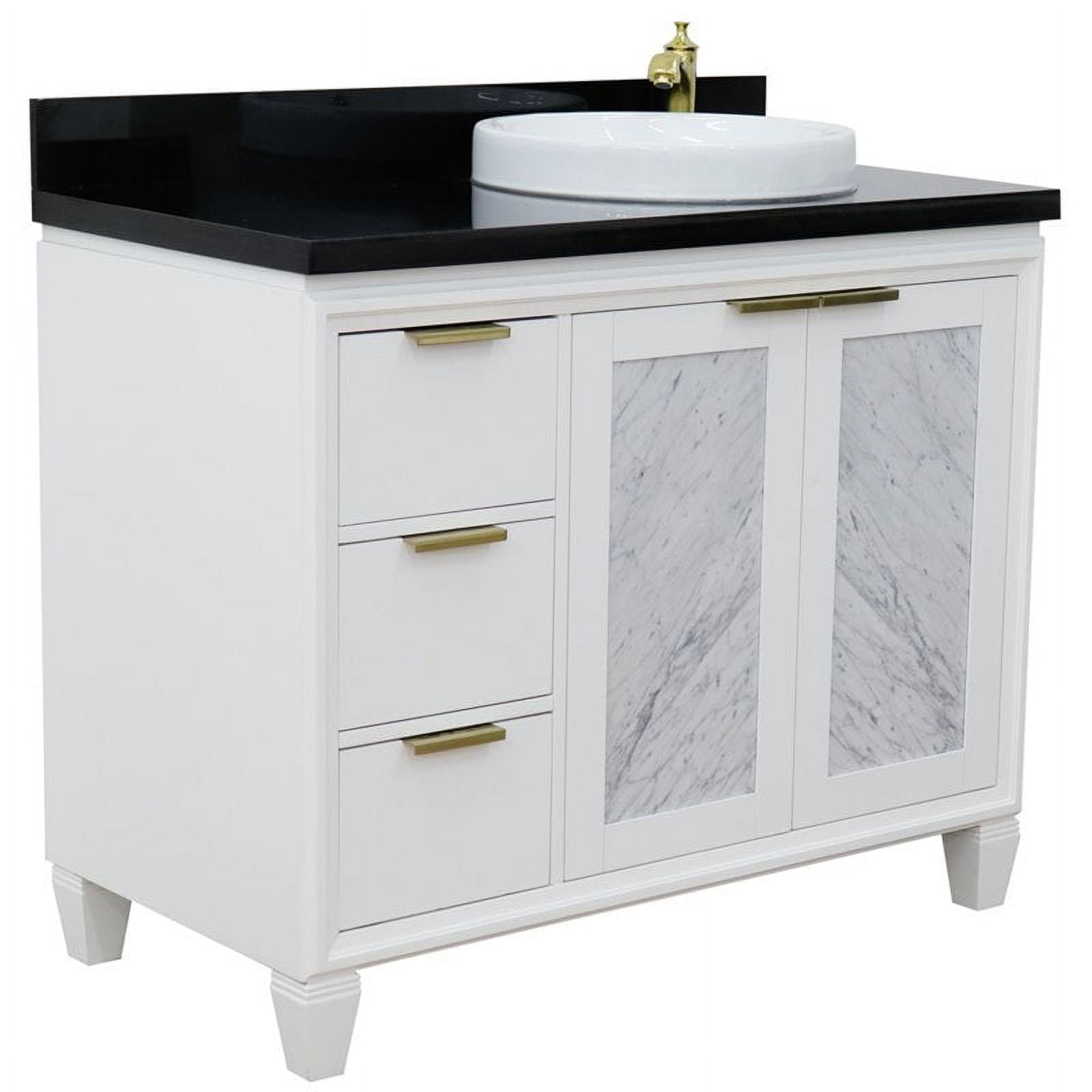 43 in. Single Round Sink Vanity with Galaxy Granite Top, White & Black - Right Door & Sink