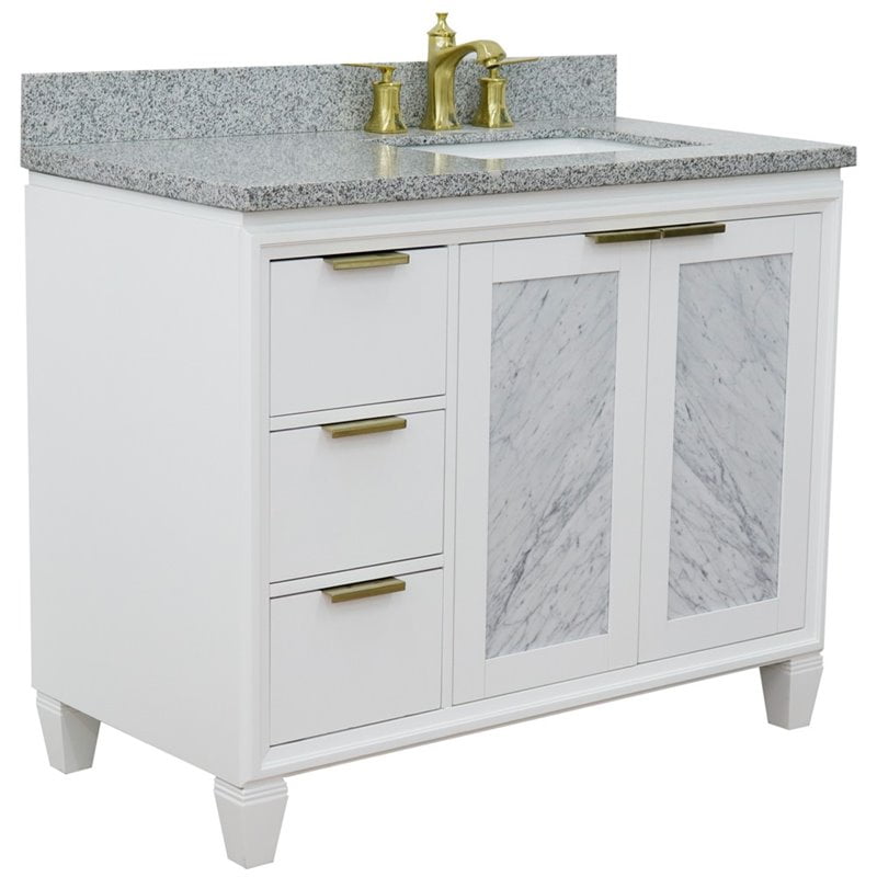 43 in. Single Rectangle Sink Vanity with Granite Top, White & Gray - Right Door & Sink