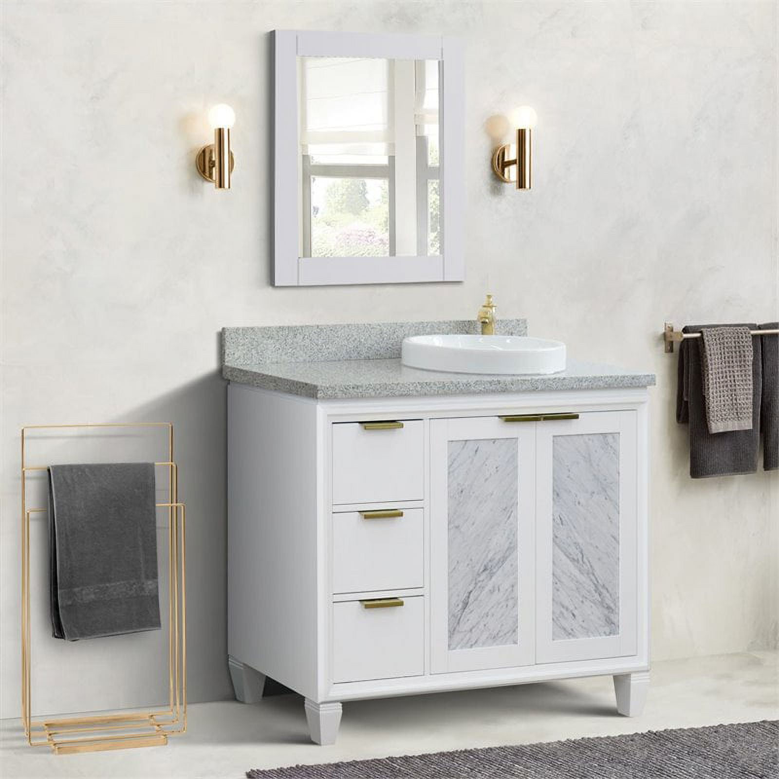 43 in. Single Round Sink Vanity with Granite Top, White & Gray - Right Door & Sink