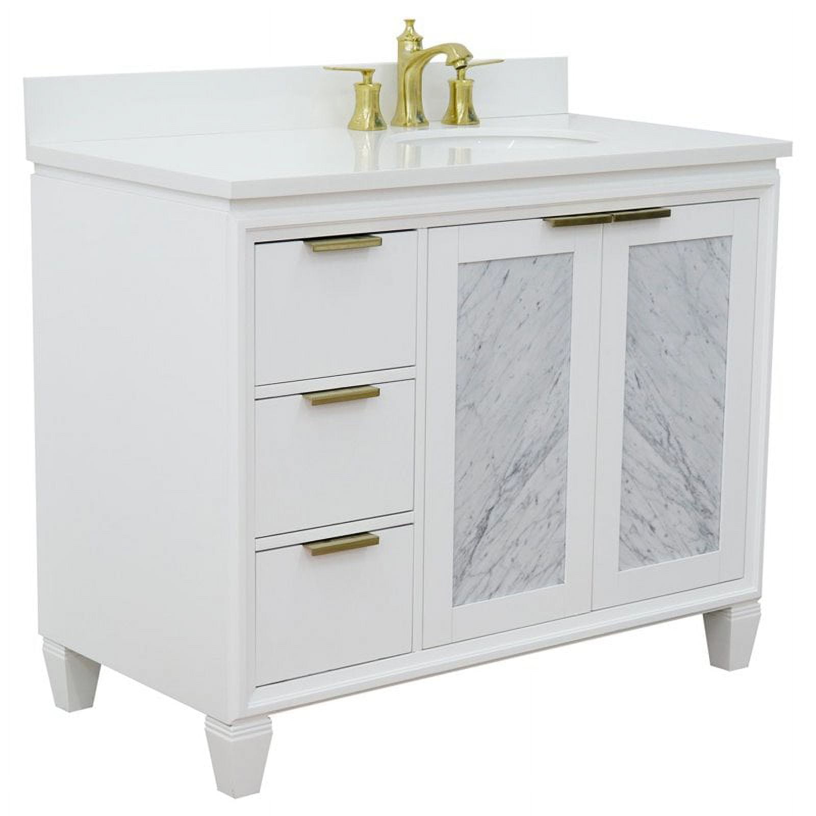 43 in. Single Oval Sink Vanity with Quartz Top, White - Right Door & Sink