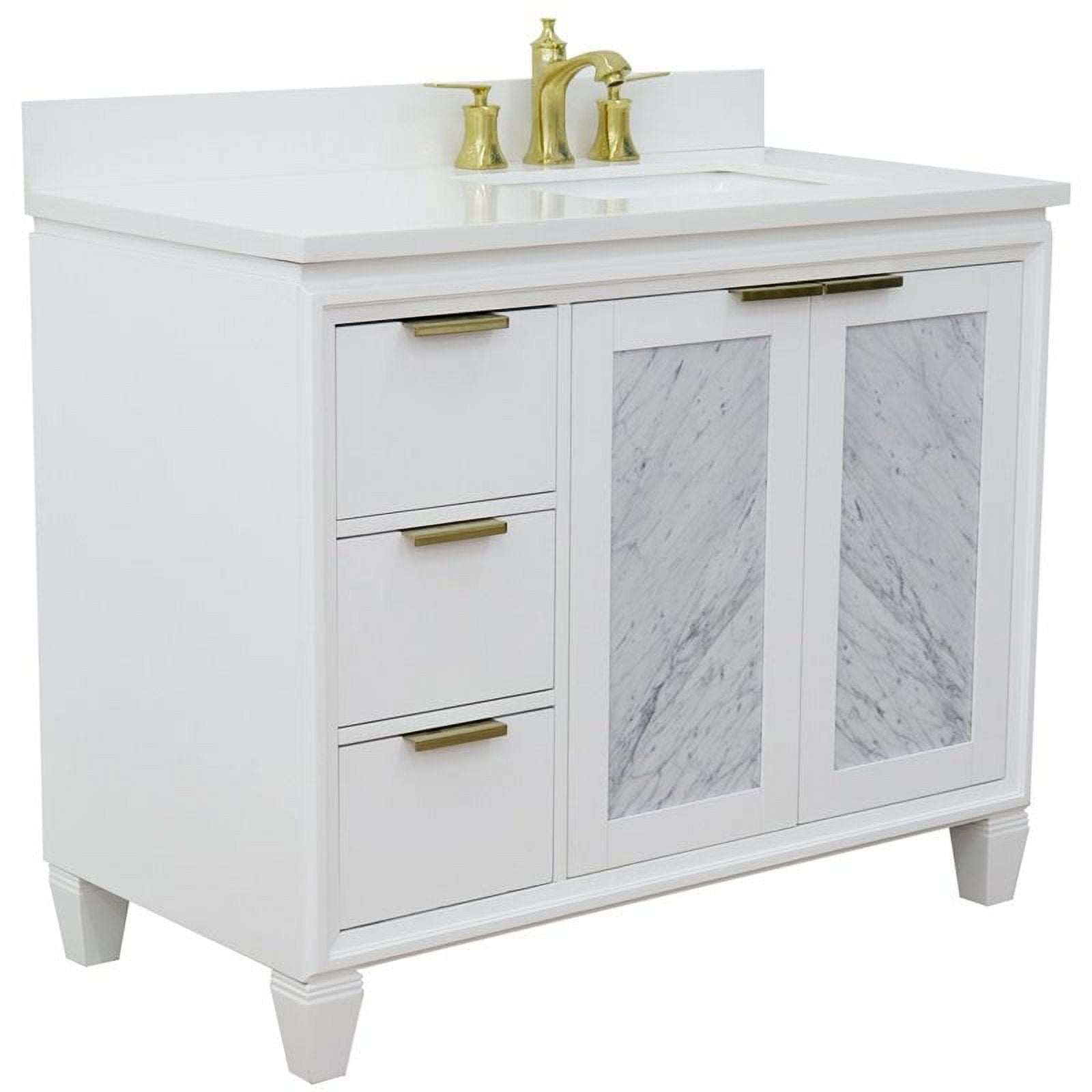 43 in. Single Rectangle Sink Vanity with Quartz Top, White - Right Door & Sink