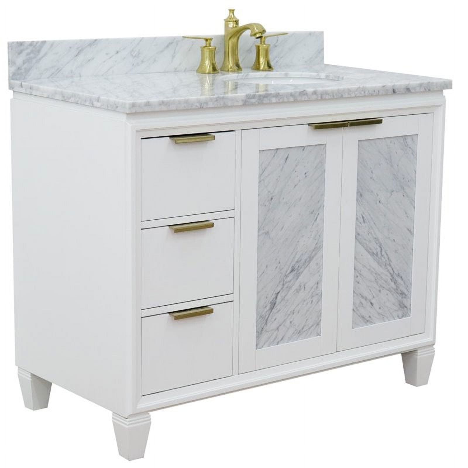 43 in. Single Oval Sink Vanity with Carrara Marble Top, White - Right Door & Sink