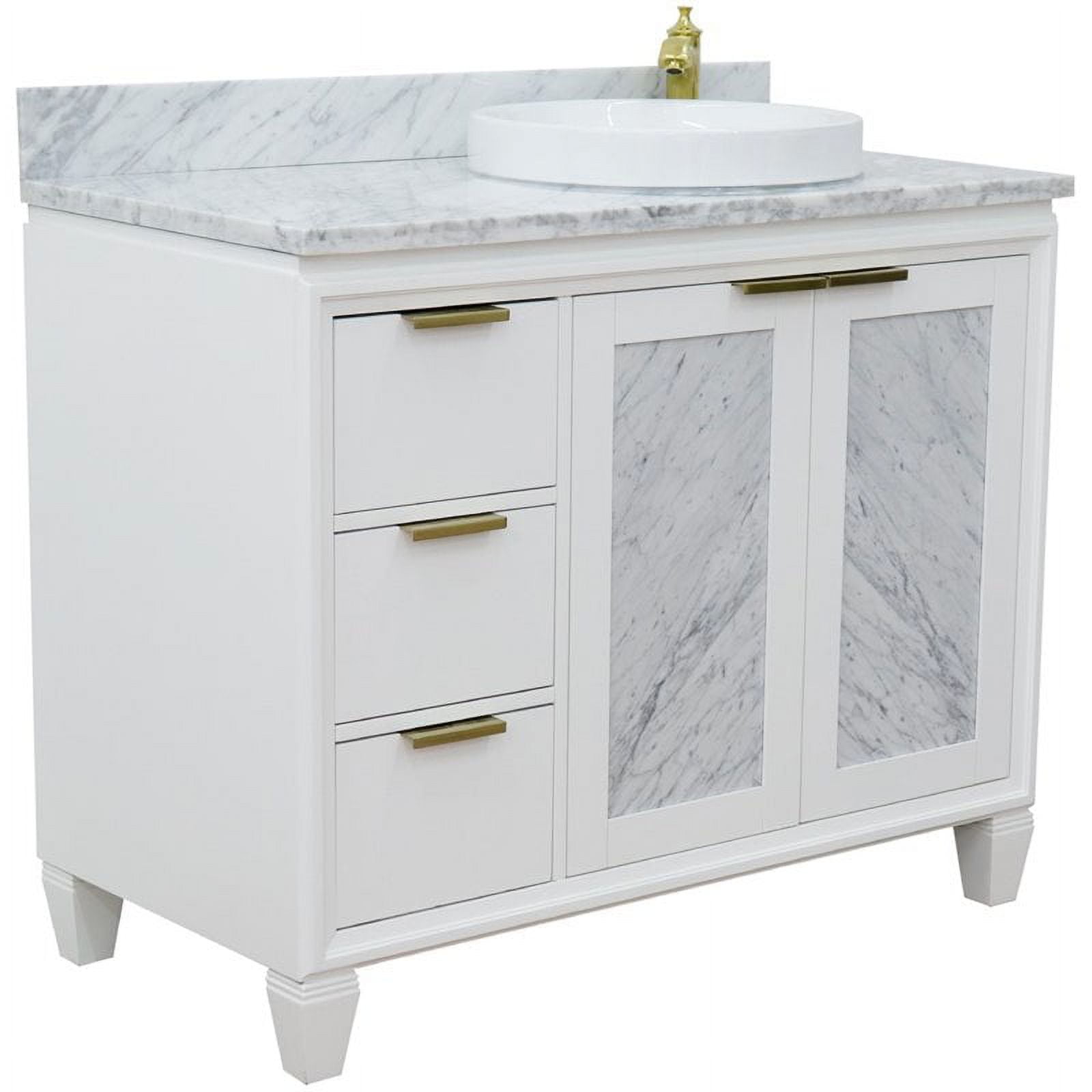 43 in. Single Round Sink Vanity with Carrara Marble Top, White - Right Door & Sink