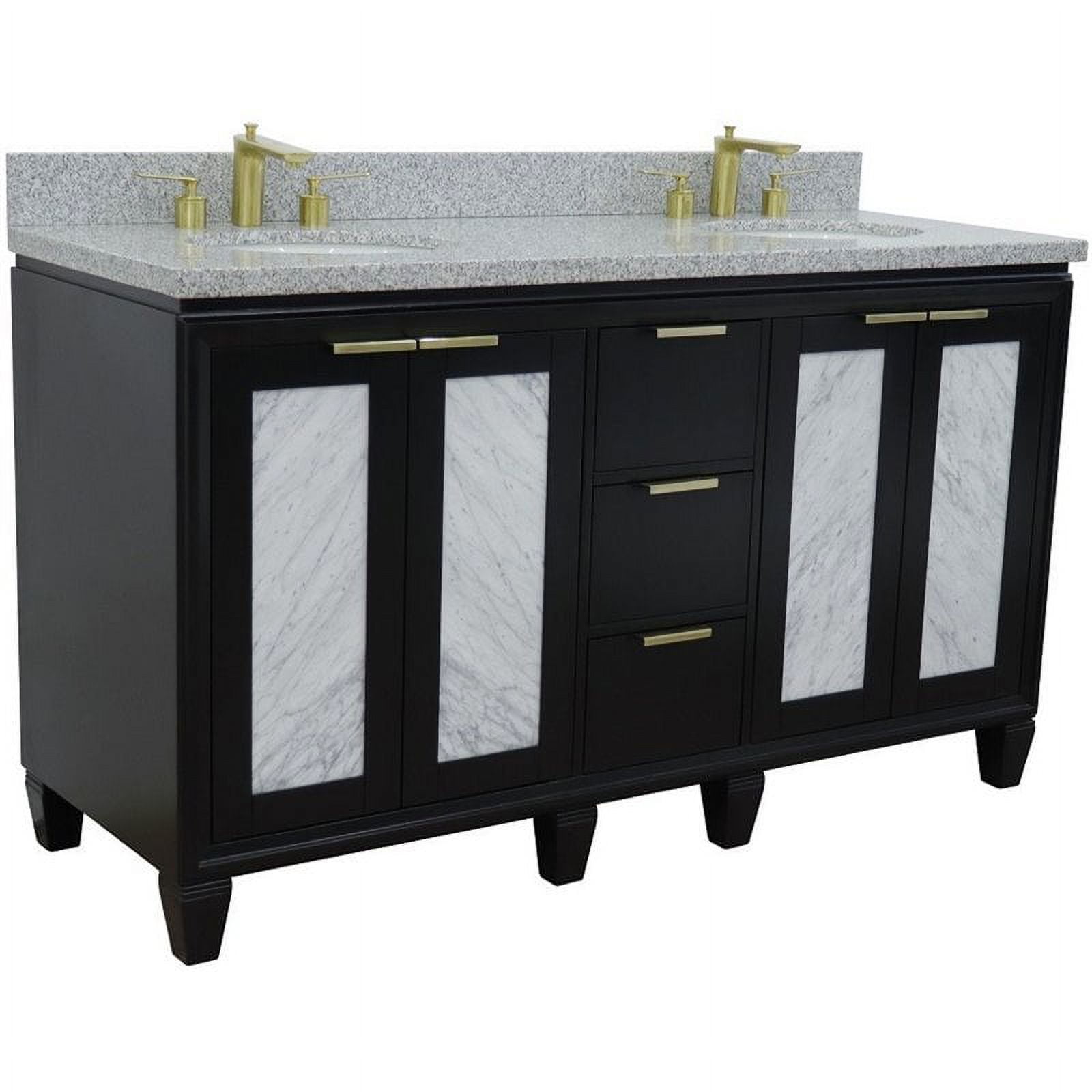61 in. Double Oval Sink Vanity with Granite Top, Black & Gray