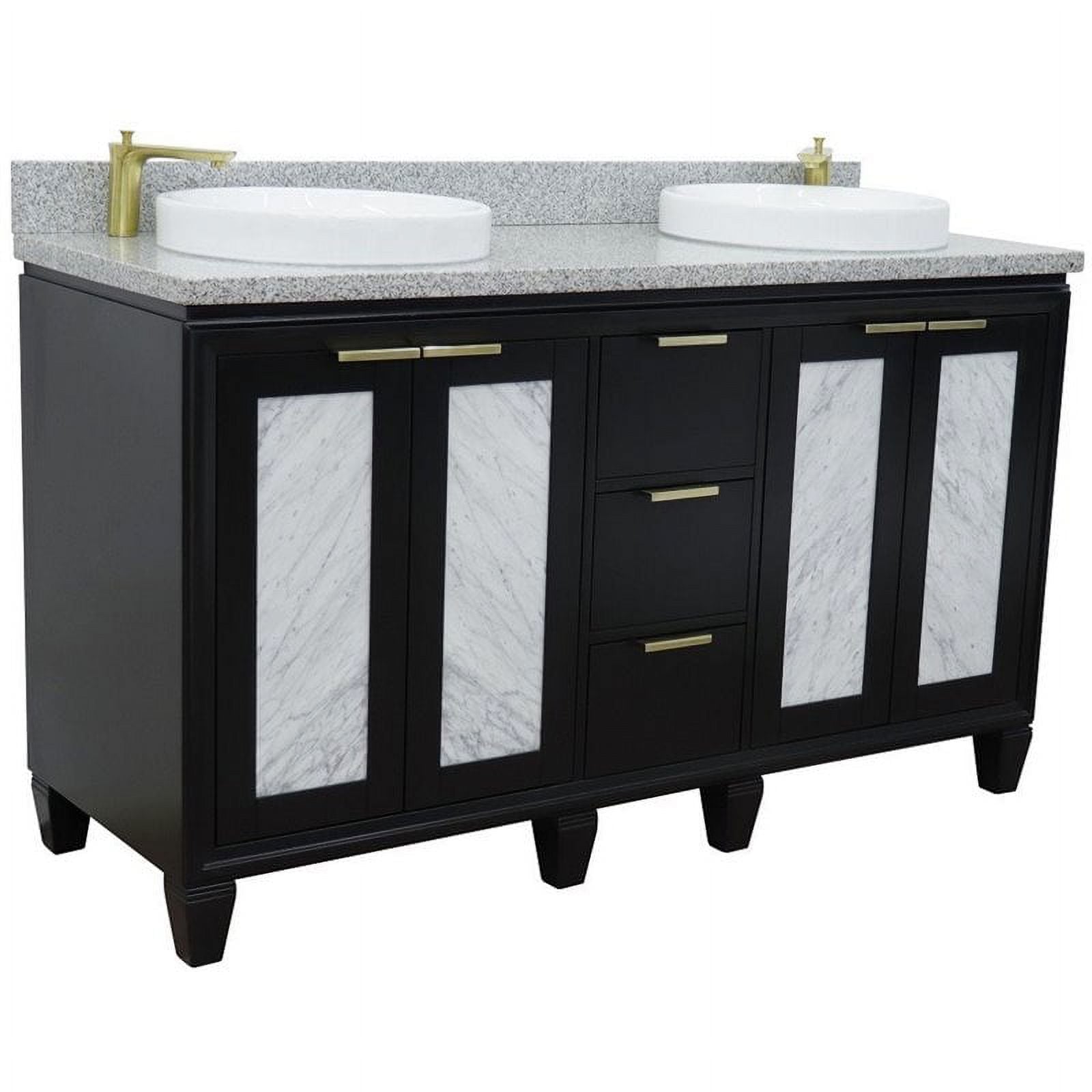 61 in. Double Round Sink Vanity with Granite Top, Black & Gray