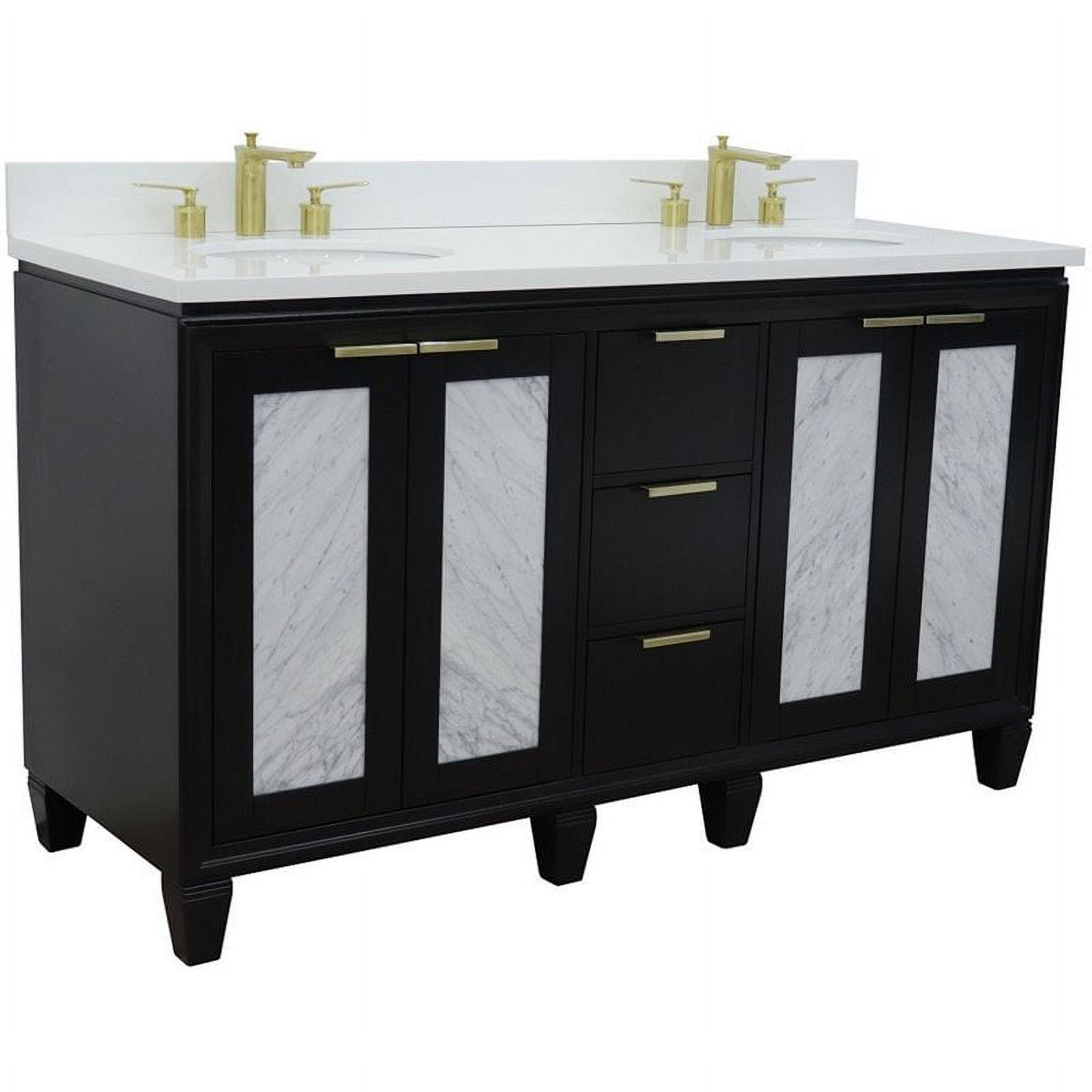 61 in. Double Oval Sink Vanity with Quartz Top, Black & White