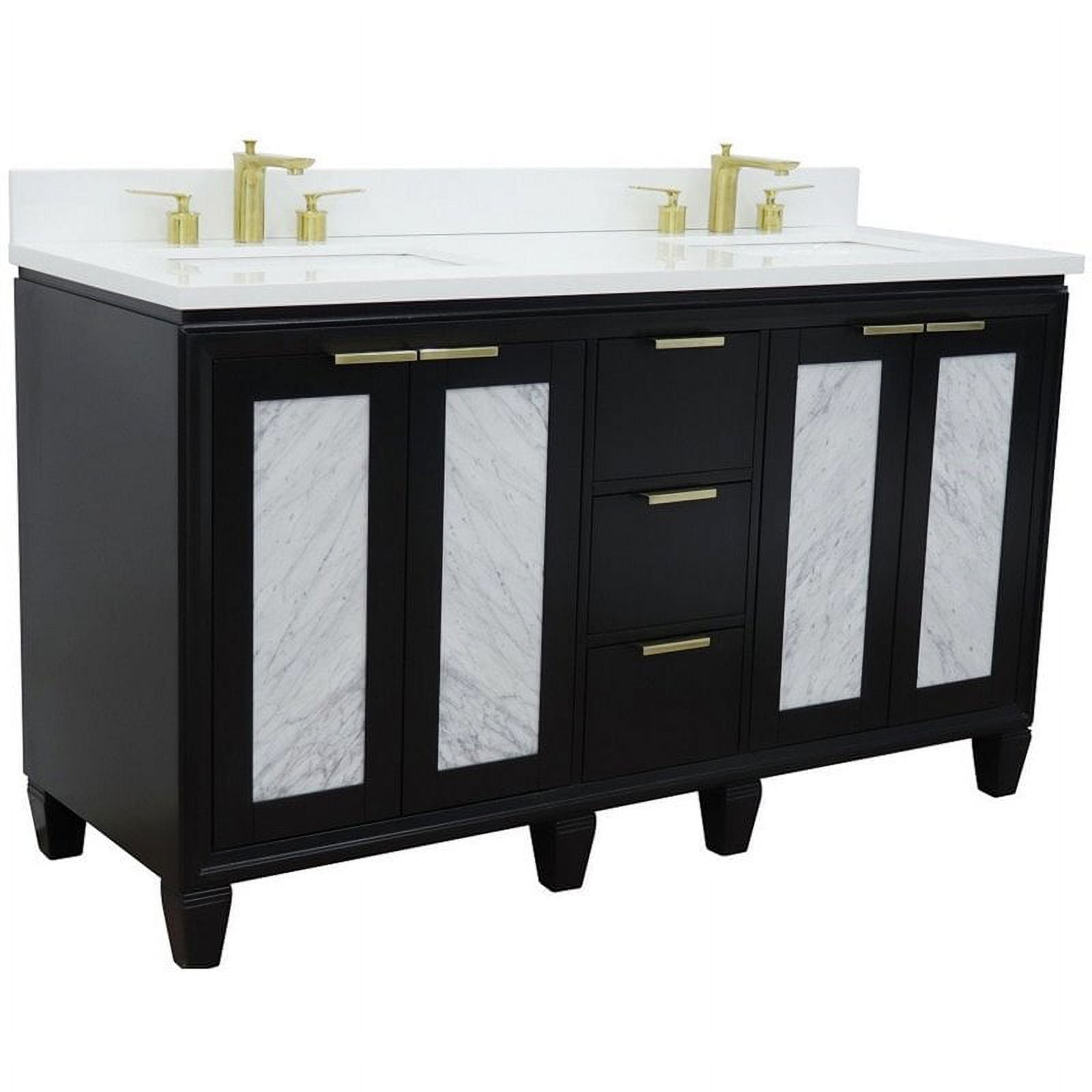 61 in. Double Rectangle Sink Vanity with Quartz Top, Black & White