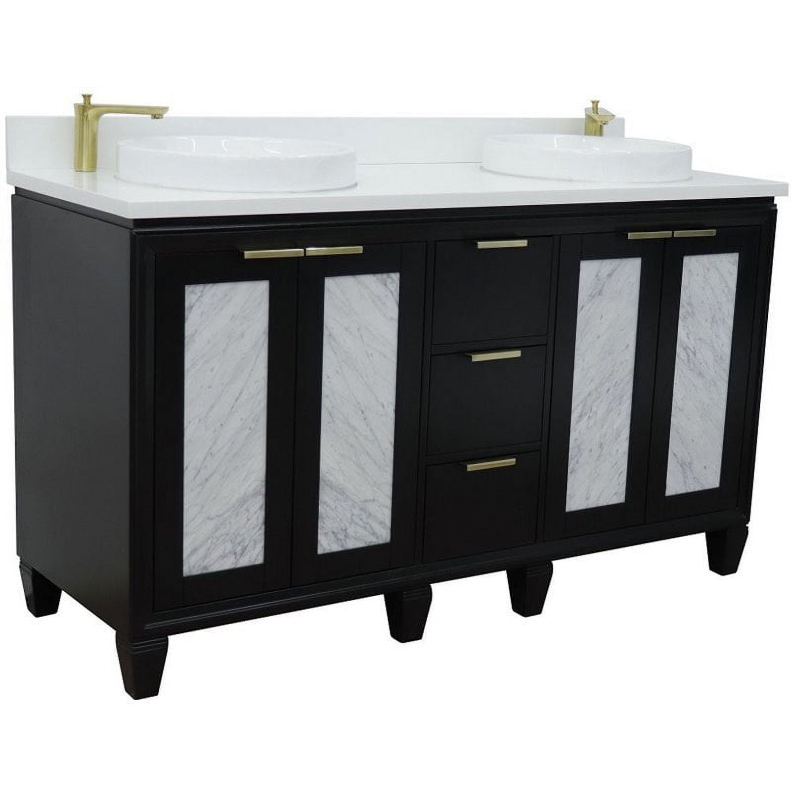 61 in. Double Round Sink Vanity with Quartz Top, Black & White
