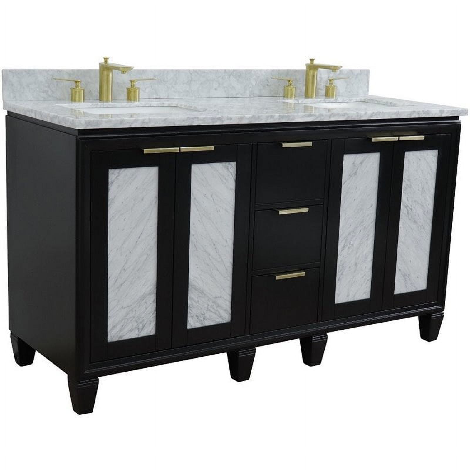 61 in. Double Rectangle Sink Vanity with Carrara Marble Top, Black & White