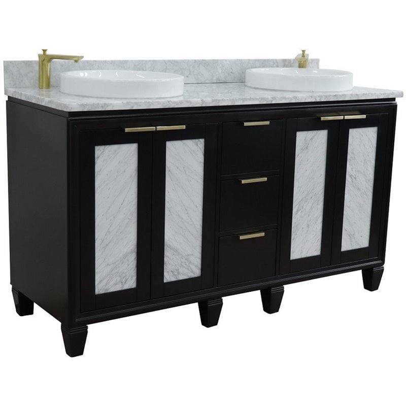 61 in. Double Round Sink Vanity with Carrara Marble Top, Black & White