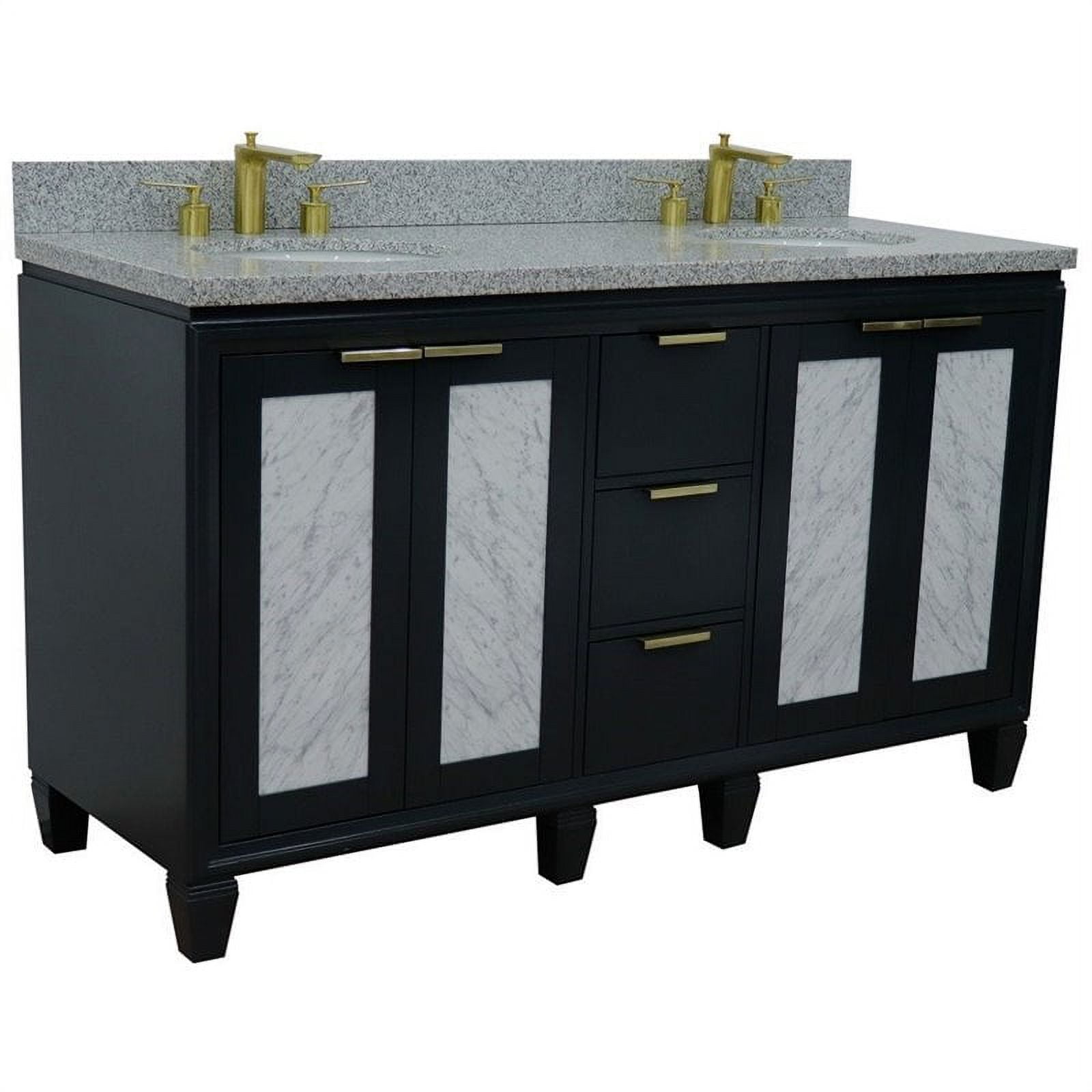 61 in. Double Oval Sink Vanity with Granite Top, Dark Gray & Gray