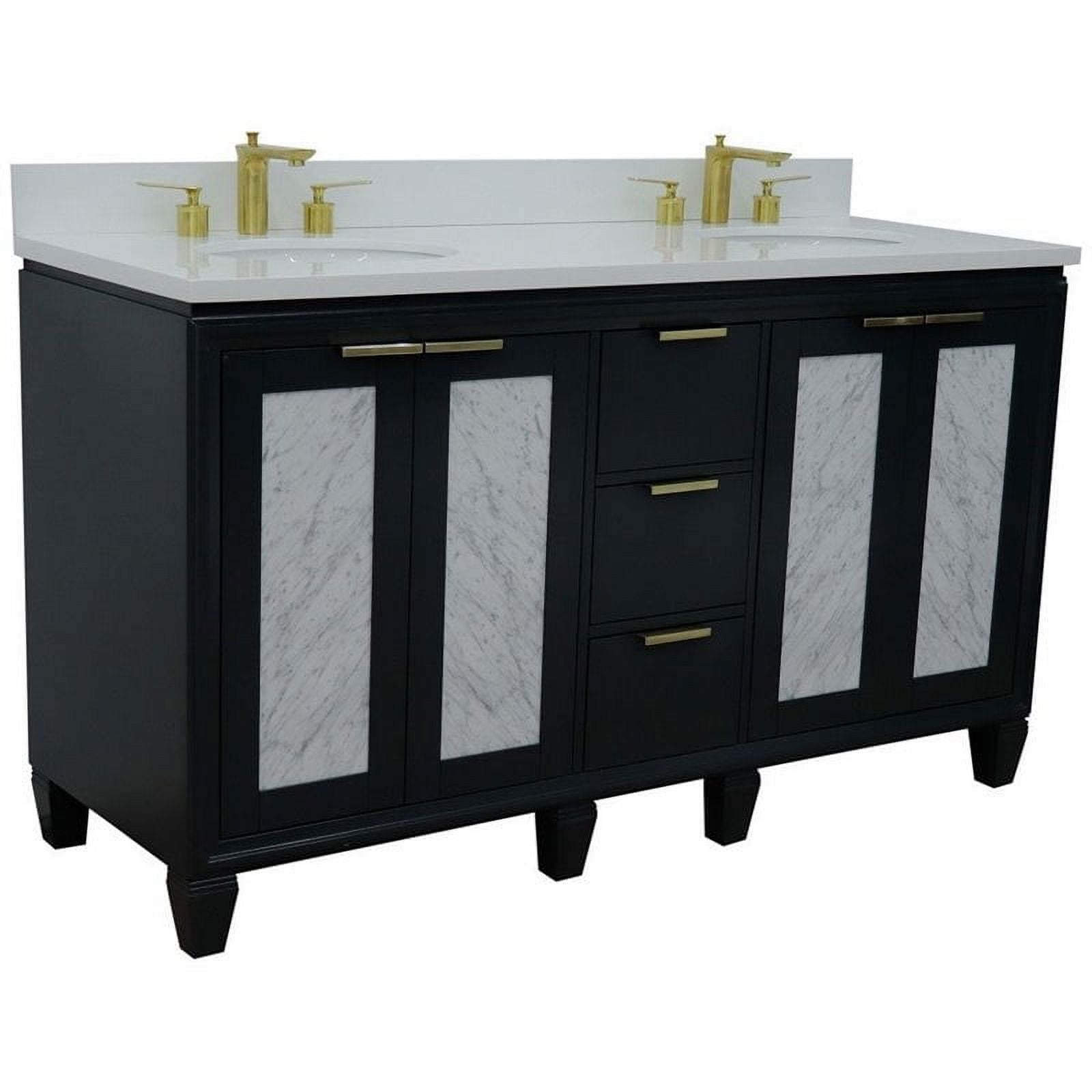 61 in. Double Oval Sink Vanity with Quartz Top, Dark Gray & White